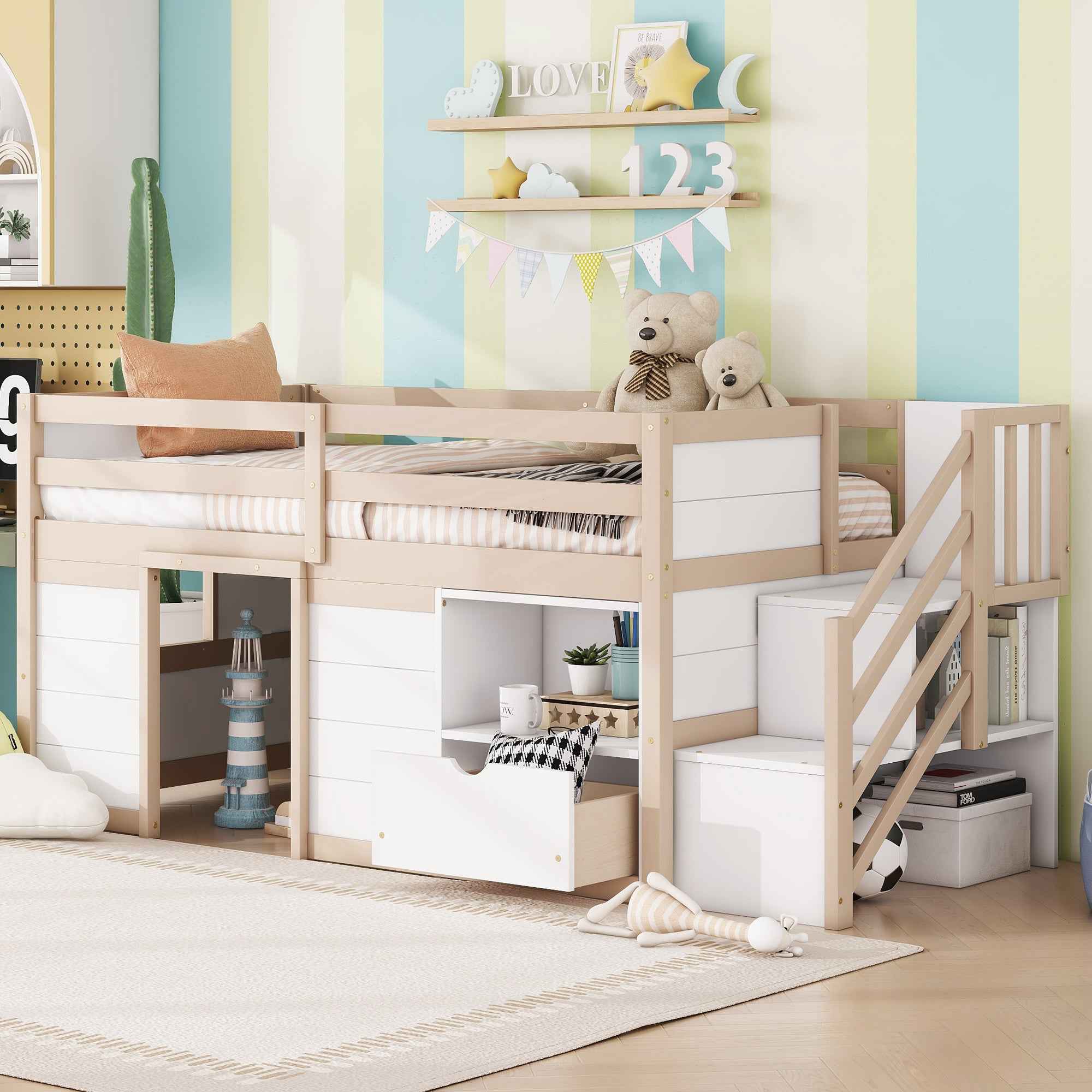 SOLID WOOD TWIN SIZE LOW LOFT BED WITH STAIR, DRAWER, AND SHELF FOR CREAM + WHITE COLOR
