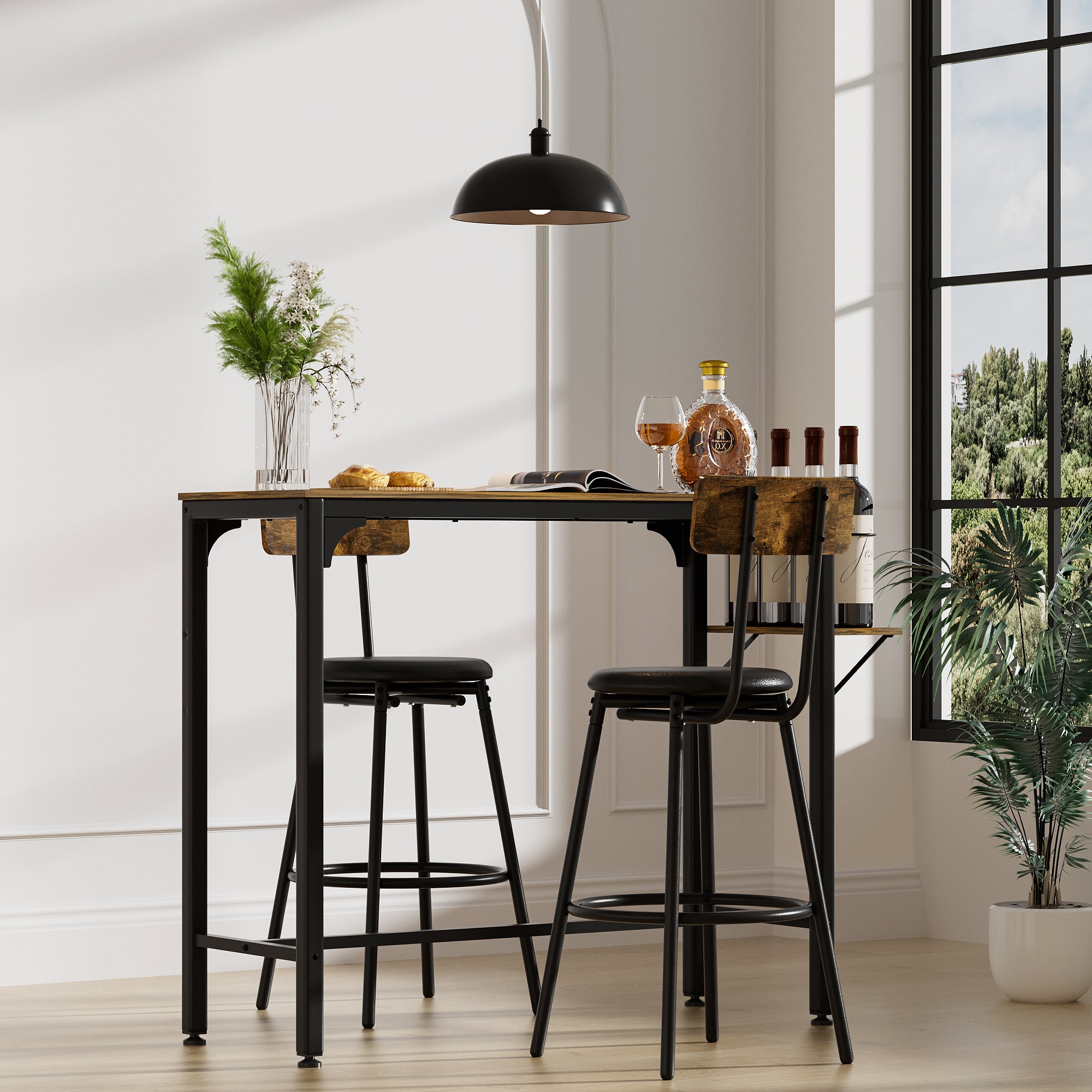 Wood Top Metal Base side table  Industrial Bar Table with two chair--Adjustable table base Bistro Whiskey Pub Table,47.44"W x 15.75"D x 35.43"H