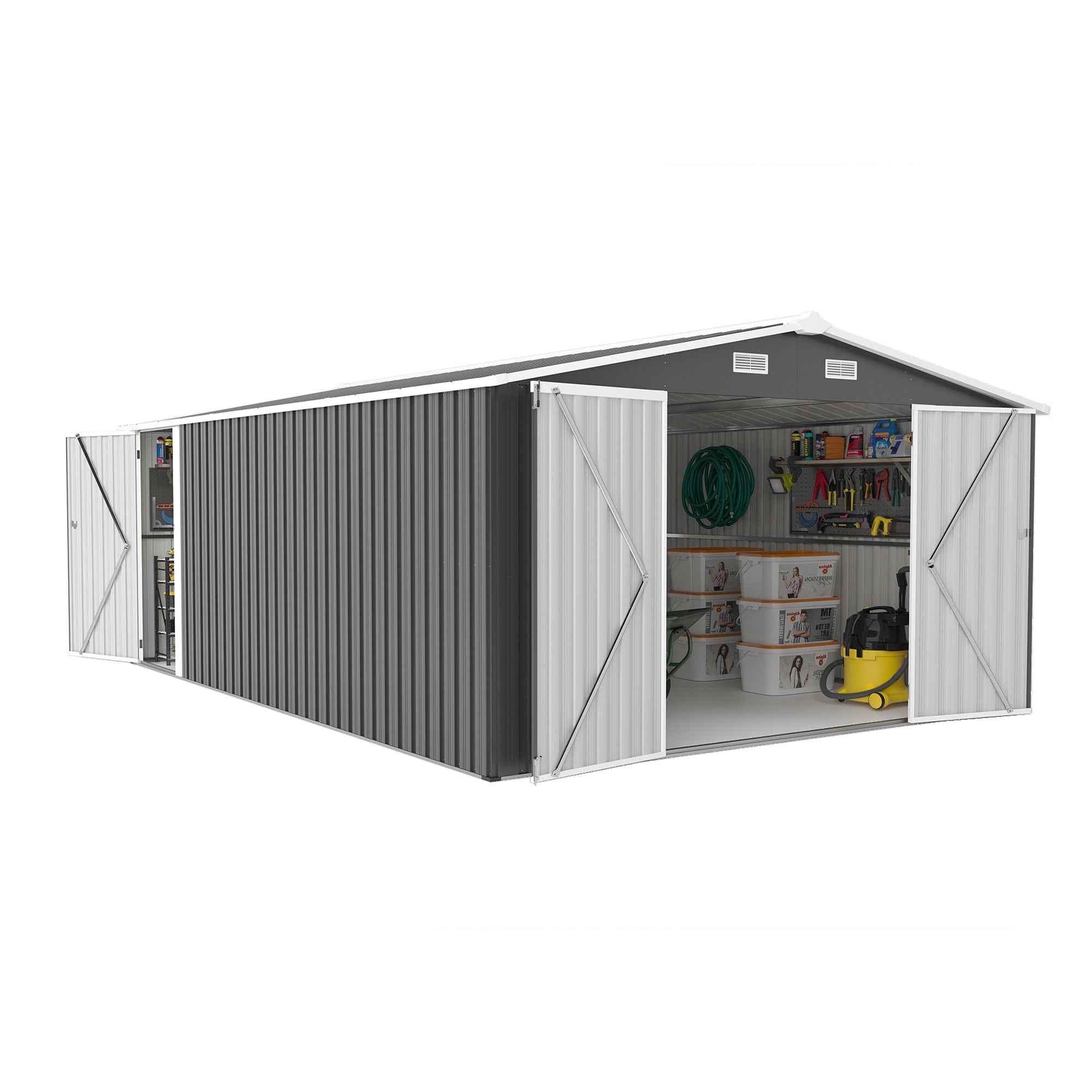 Campcraft  Outdoor Storage Shed 10×14 FT with 3 Lockable Doors,4 Air Vents & Sloped Roof,Utility Tool Shed Metal Storage Garden Sheds  Frame and 4 Vents,for Backyard,Patio,Lawn,dark Grey