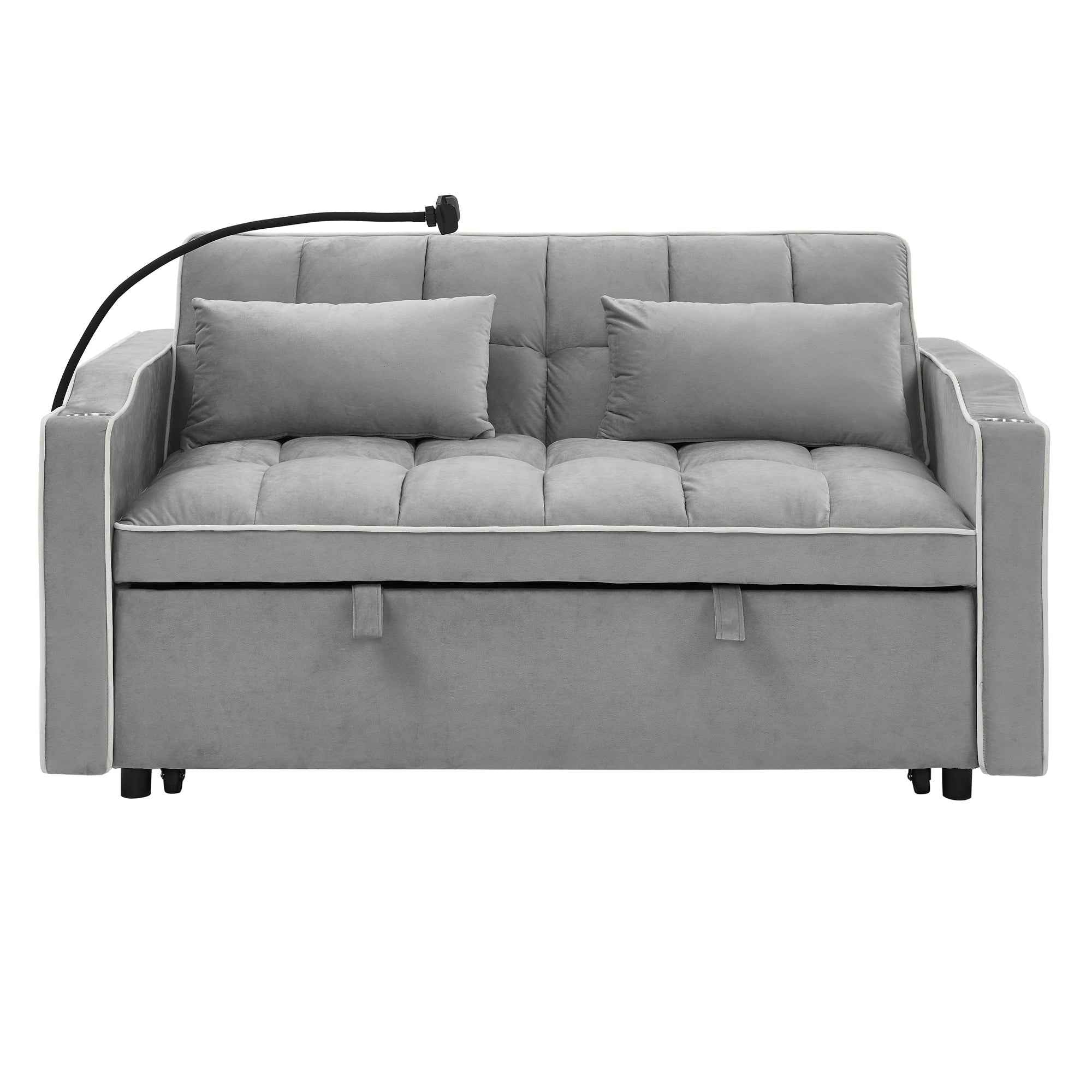 55.51 inch versatile foldable sofa bed in 3 lengths, modern sofa sofa sofa velvet pull-out bed, adjustable back and with USB port and ashtray and swivel phone stand (Grey)