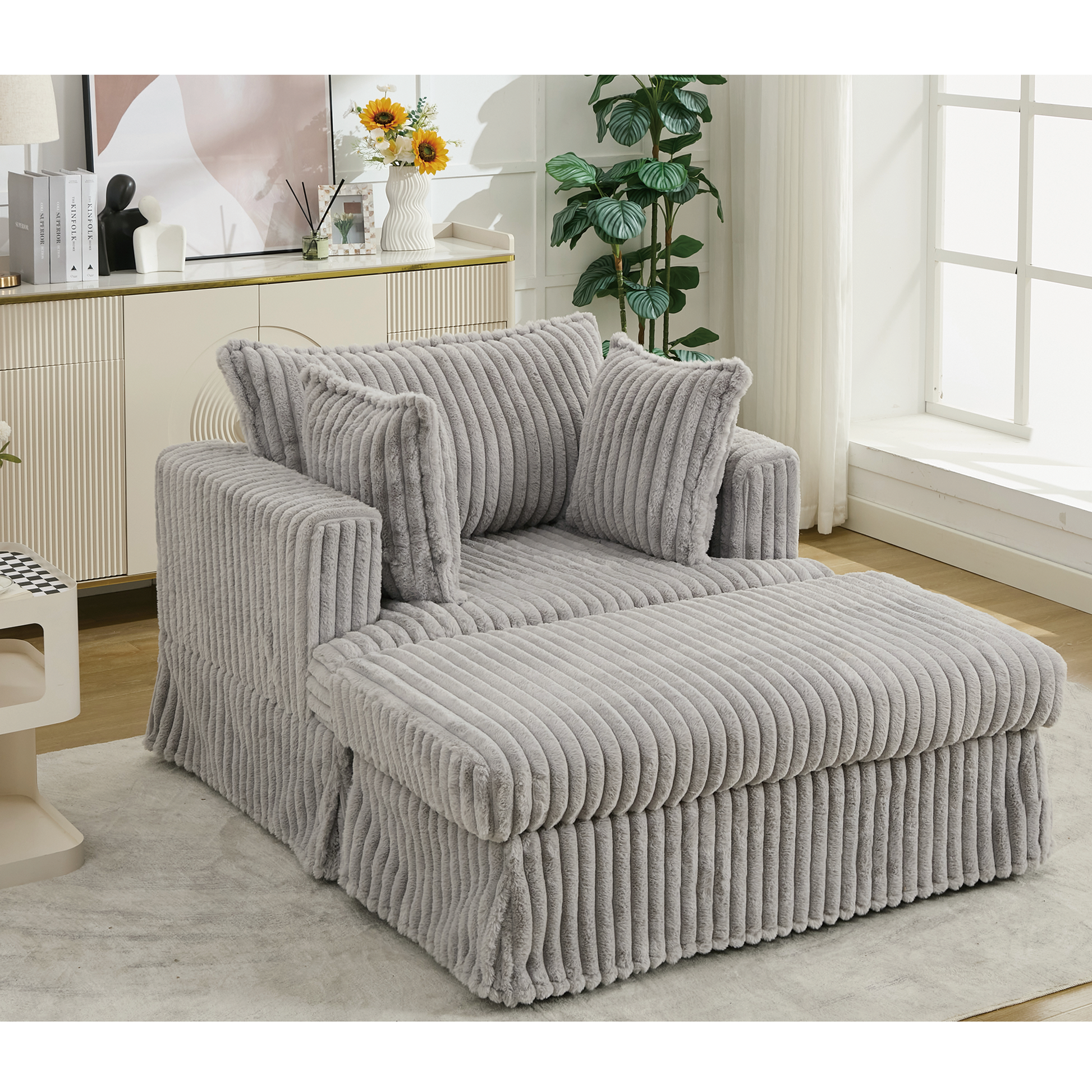 [NEW ARRIVED] 47.7'' Oversized Corduroy Chaise Longue with Ottoman,  Deep Seat  Reclining Chair Sofa, Comfy Thicked Upholstered Pad Chair ,with Foot Stool ,OVERSIZE, Movable Ottoman,Light Gray
