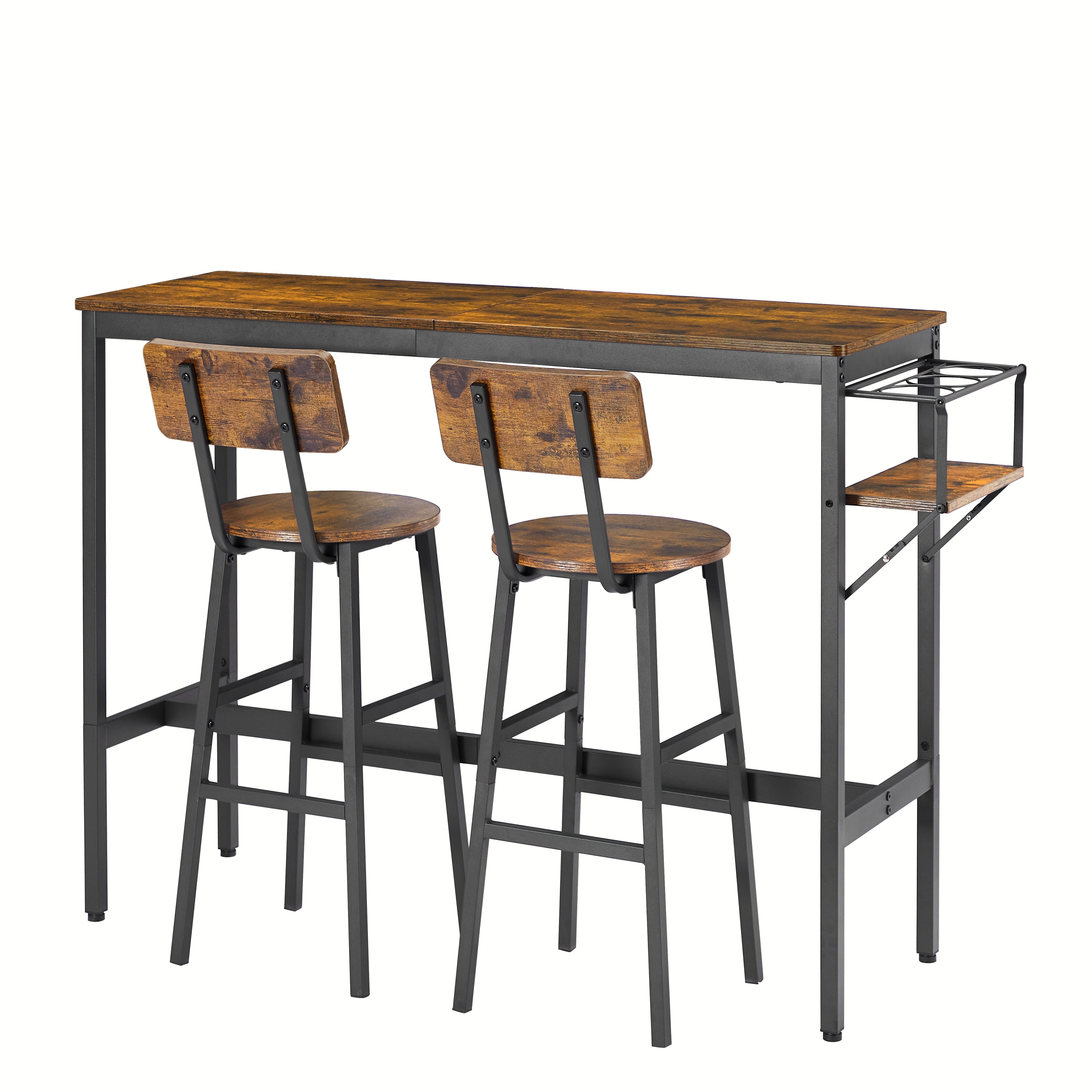 Bar Table Set with wine bottle storage rack. Rustic Brown, 47.24'' L x 15.75'' W x 35.43'' H.