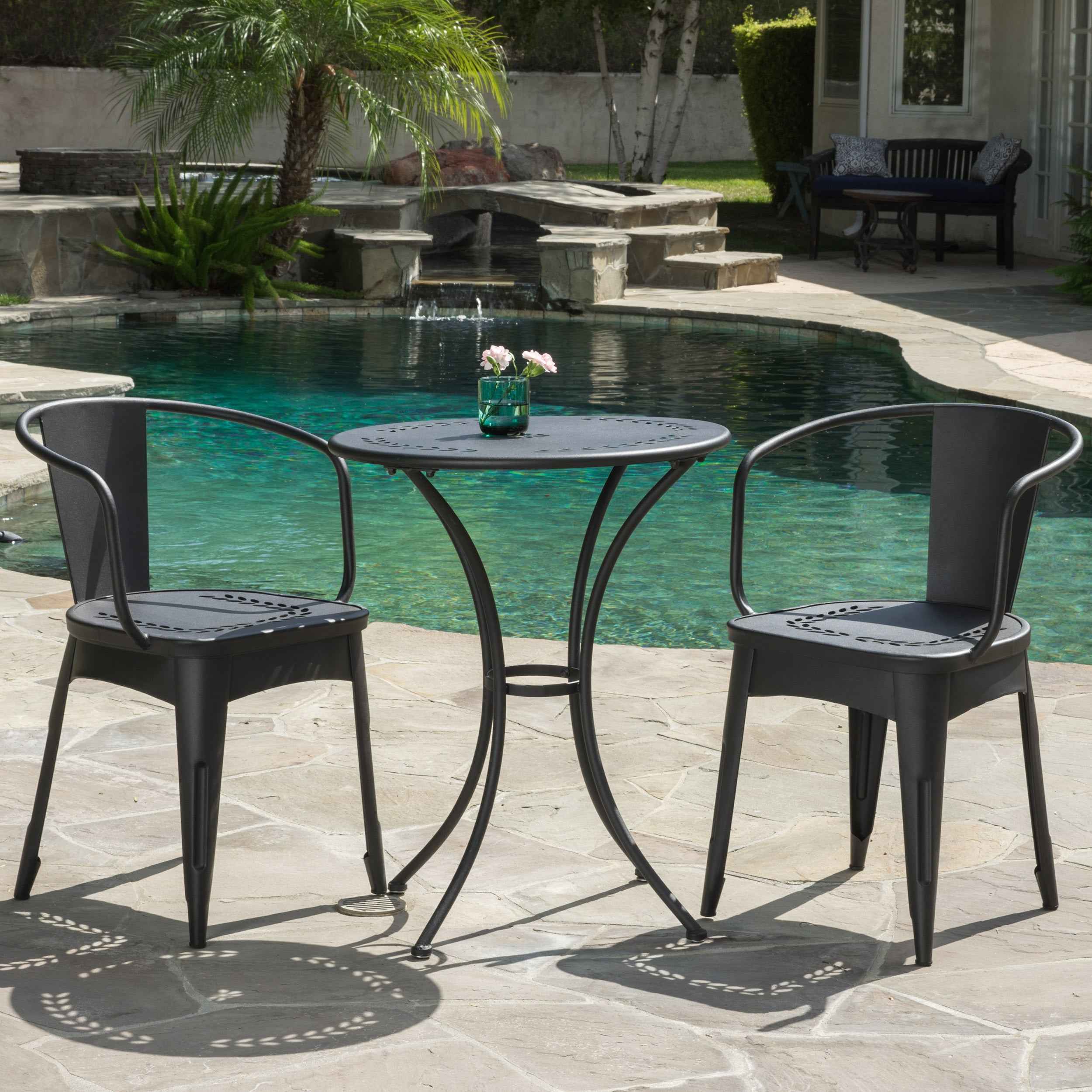 Ambrosia 3-piece Bistro Set with Leaf Motifs Top and Seat, Black