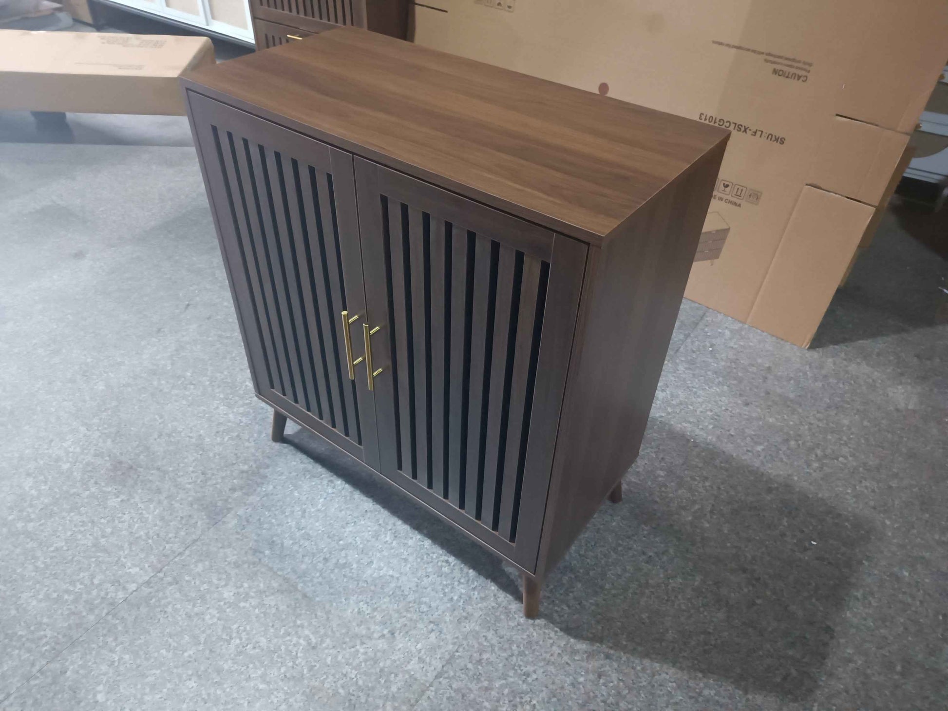 Farmhouse Walnut Sideboard Buffet Cabinet With Louvered Doors, Wood Coffee Bar Storage For Kitchen & Living Room, 31.5' W