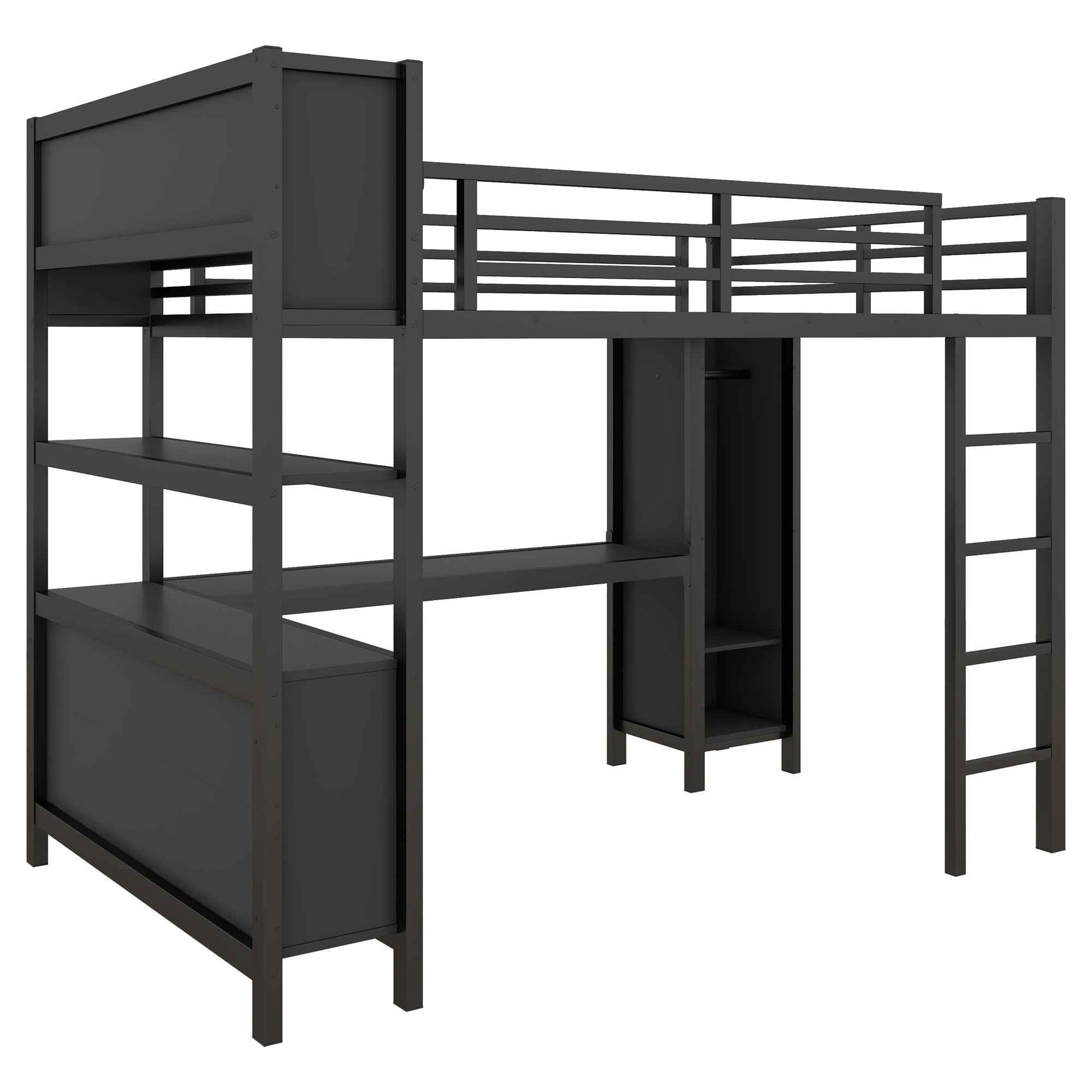 Metal Loft Bed with Wardrobe And L-shaped Desk, Full Size Loft Bed with Storage Cubes and Shelves, Heavy Duty Loft Bed for Kids Teens Adults, Black