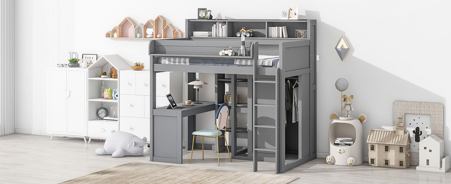 Wood Twin Size Loft bed with Multiple Storage Shelves and Wardrobe, Gray