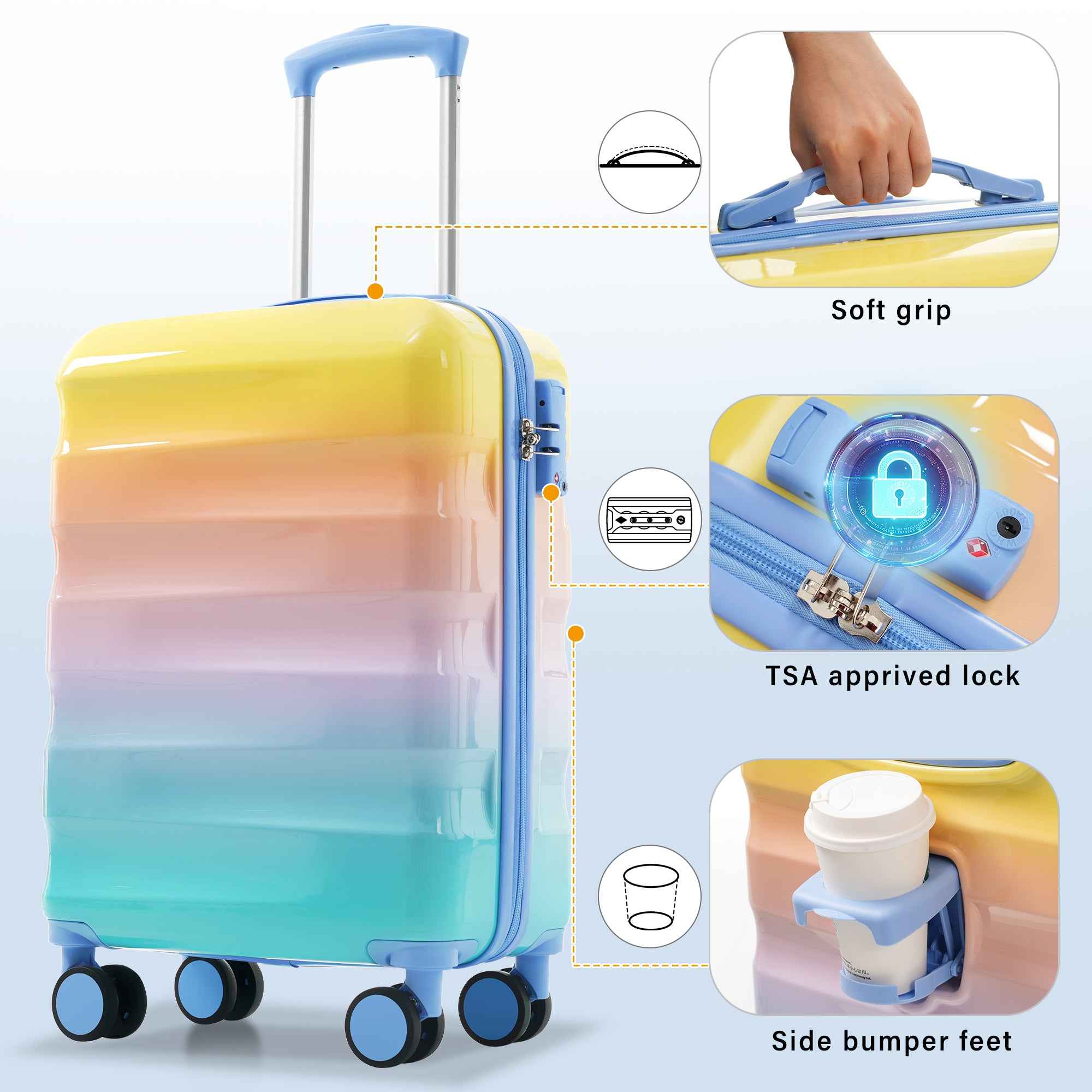 20' Carry-on Luggage with Cup Holder – Lightweight Glossy Hardshell Suitcases with Spinner Wheels, TSA Lock, Airline Approved, 2 Piece Set