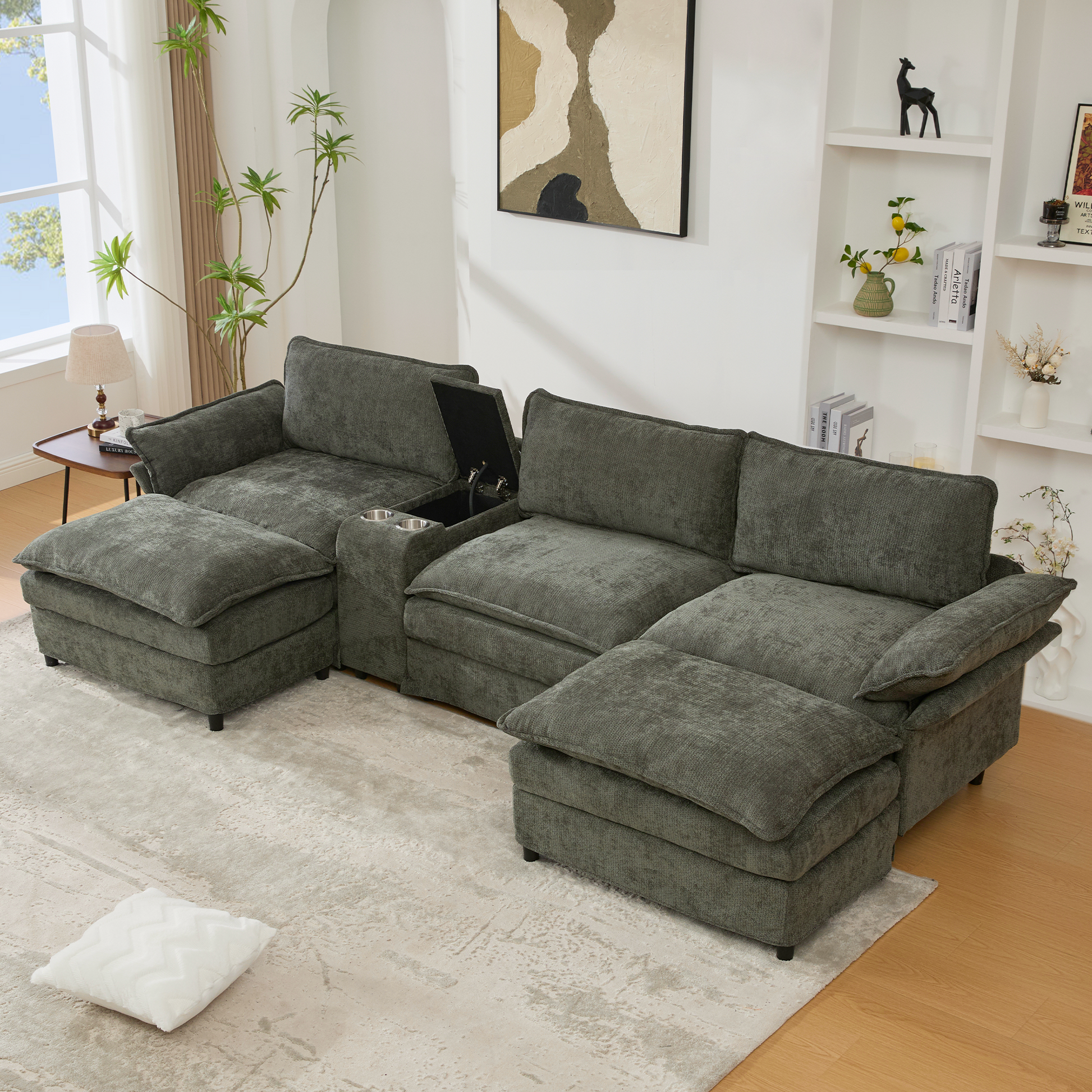 [NEW ARRIVED] [VIDEO PROVIDED]U Shaped Modular Sectional Sofa,Storage Console & Wireless Charging,2 Cup Holders,Bluetooth Speakers,2 Movable Footstools,Adjustable handrail,Movable seat,Chenille,Green