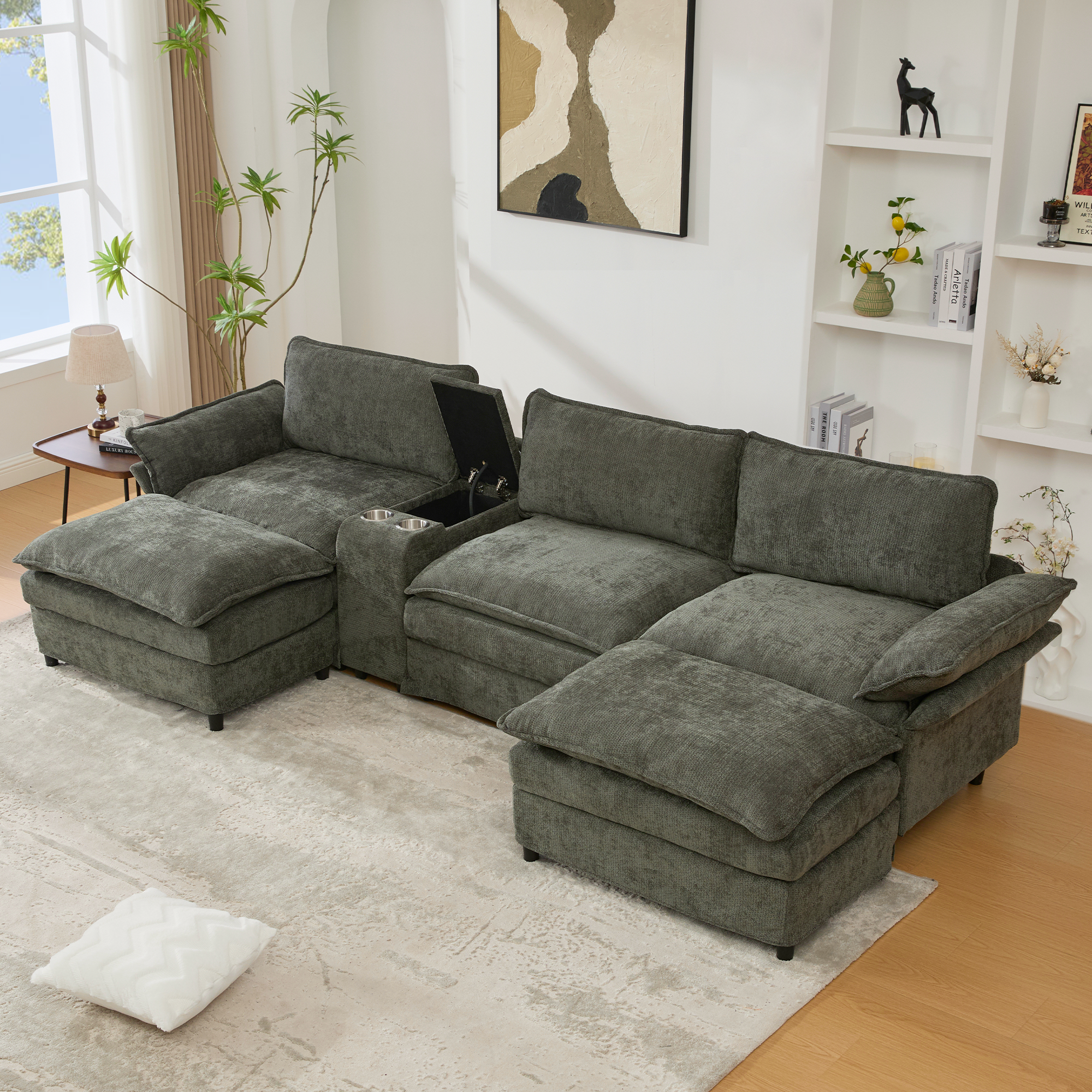 [NEW ARRIVED] [VIDEO PROVIDED]U Shaped Modular Sectional Sofa,Storage Console & Wireless Charging,2 Cup Holders,Bluetooth Speakers,2 Movable Footstools,Adjustable handrail,Movable seat,Chenille,Green