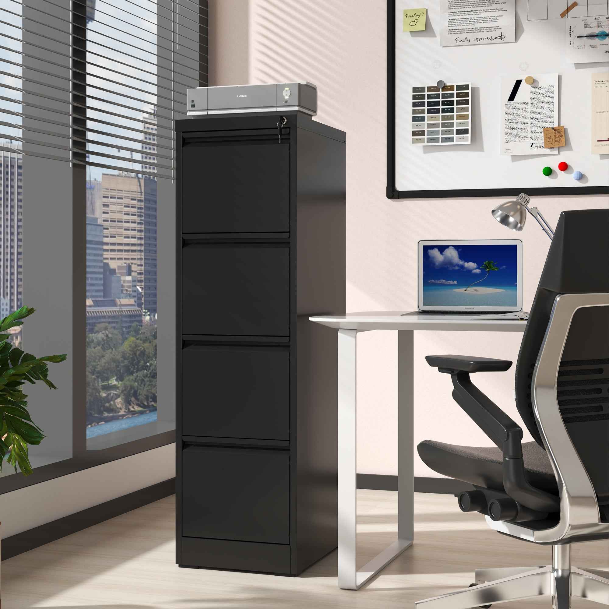 SteelCraft Pro 4 Drawer Metal Vertical File Cabinet with Lock for A4 Legal/Letter Size, Black Metal