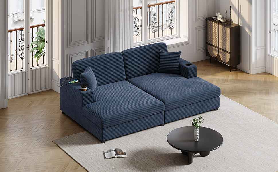 Oversized Loveseat Chaise Lounge Sectional Sofa Bed with USB Ports, Cup Holders, and Throw Pillows, Blue Corduroy