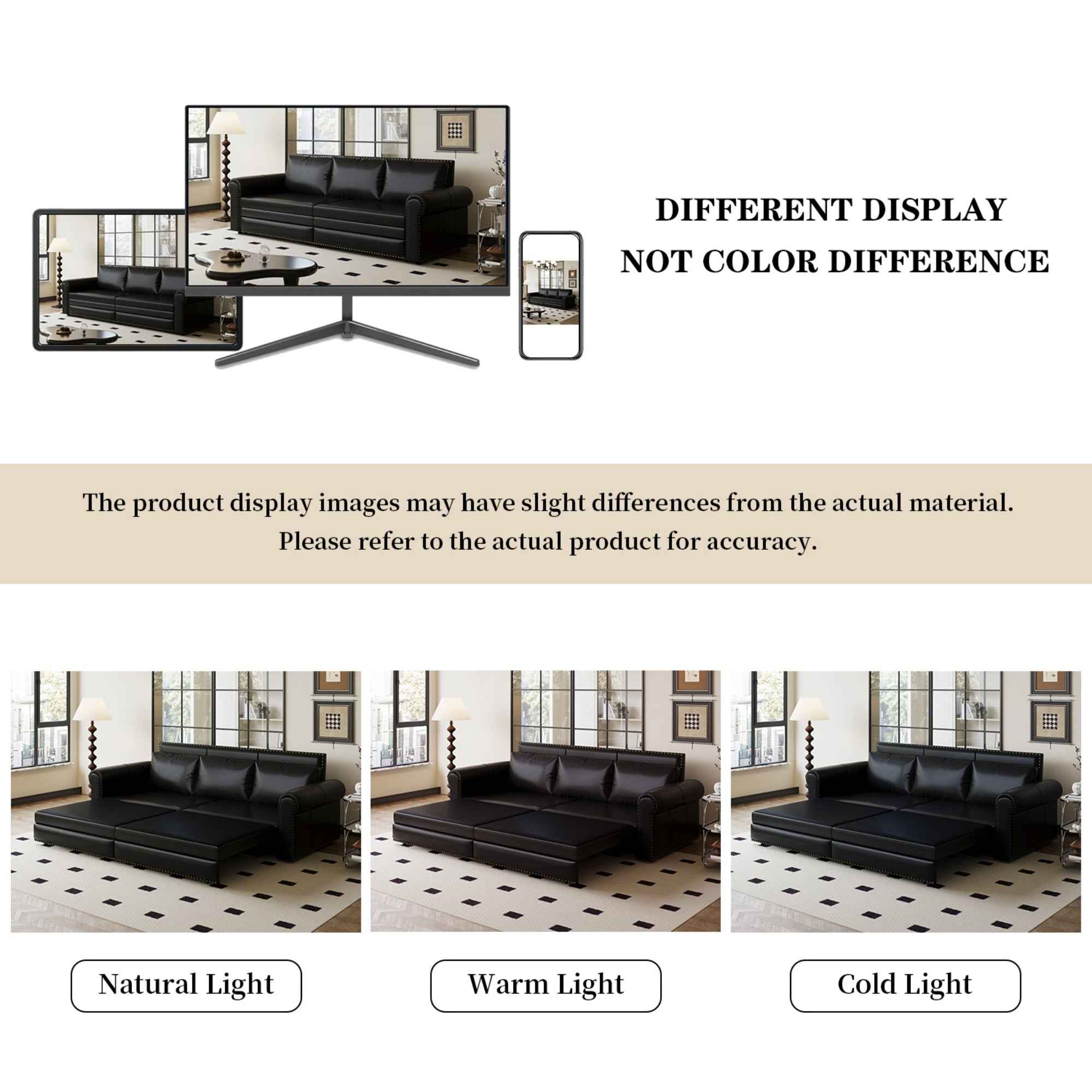 93.7 ' Pull Out Sofa Bed, 3-in-1 Faux Leather Convertible Sleeper Sofa with Nailhead Trim & Rolled Arm,Multi-Functional Sofa Bed for Living Room,Bedroom,Apartment,Office,Balck