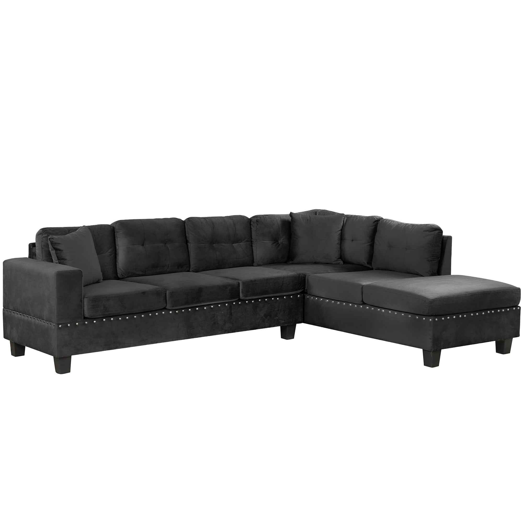 Modern Sectional Sofa with Storage Ottoman, L-Shape Couch with 2 Pillows and Cup Holders, Black Velvet, 105'