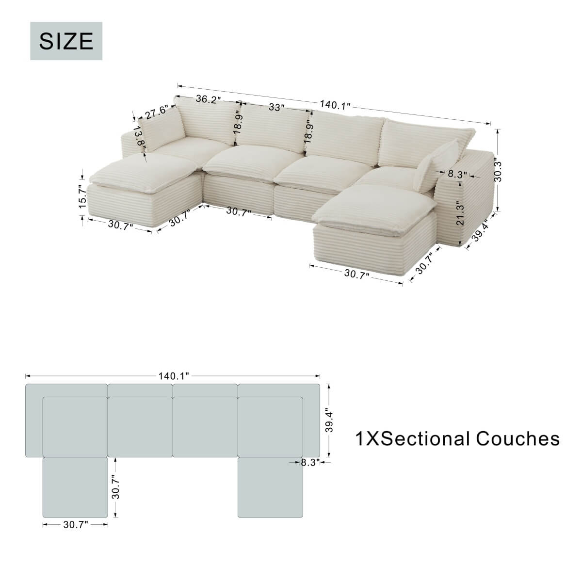 4-6 Seat Convertible Sofa Bed - Modular Compression Couch with Ottomans for Living Room, Apartment & Small Spaces