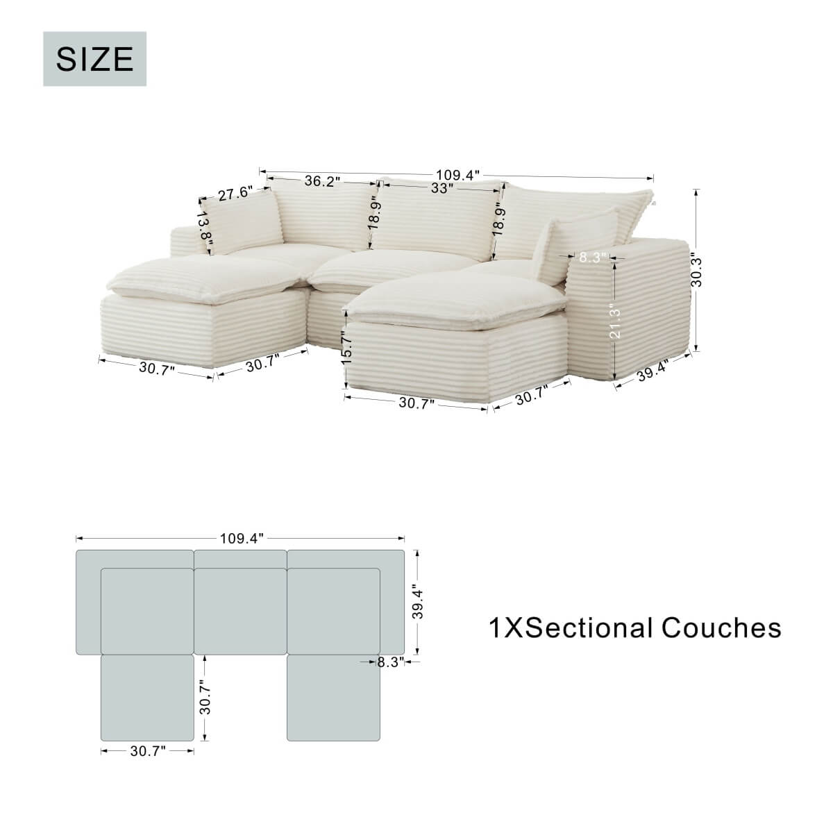 3-5 Seat Convertible Sofa Bed - Compression Modular Couch with 2 Ottomans, Transforming Sofa & Bed for Living Room, Apartment & Small Spaces