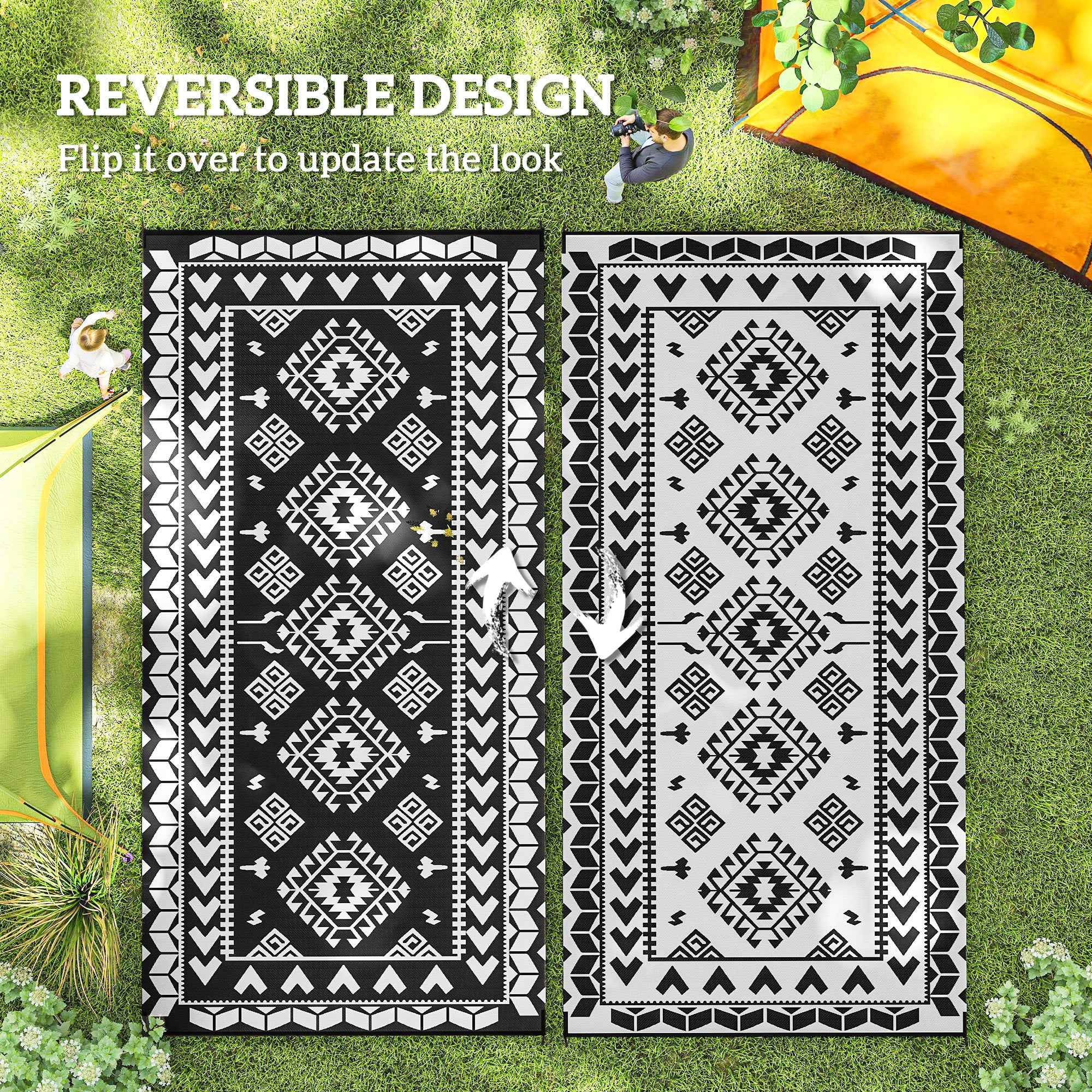 Outsunny Outdoor Patio Rug, Large Camping Carpet with Carrying Bag, 9' x 18' Waterproof Plastic Straw, Reversible, Black & White Rhombus Patchwork
