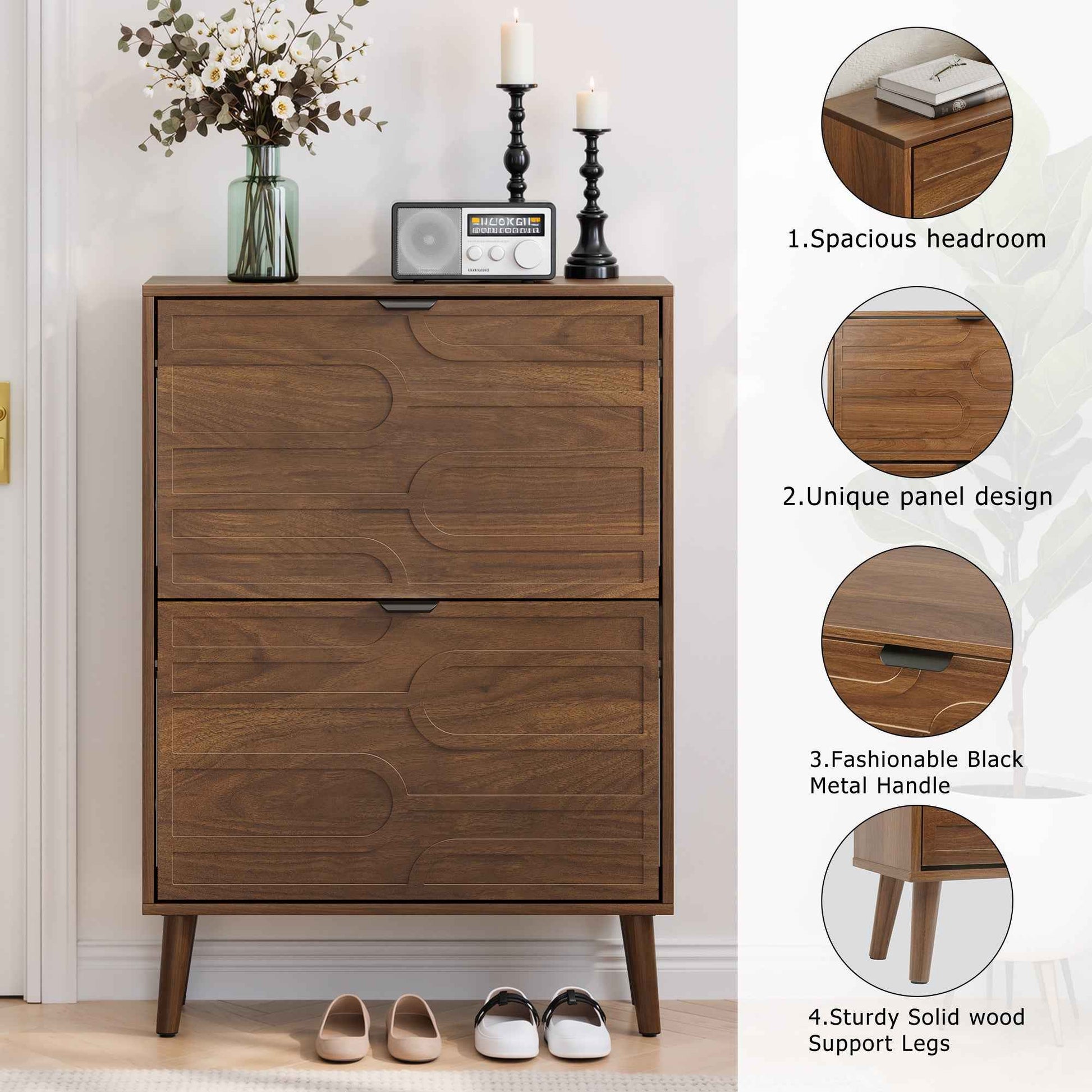 Medieval Modern Independent Shoe Cabinet, 23.62-inch Walnut Shoe Storage Cabinet,, Fence Shoe Cabinet with 2 Flip Drawers, Suitable For Corridors And Entrances