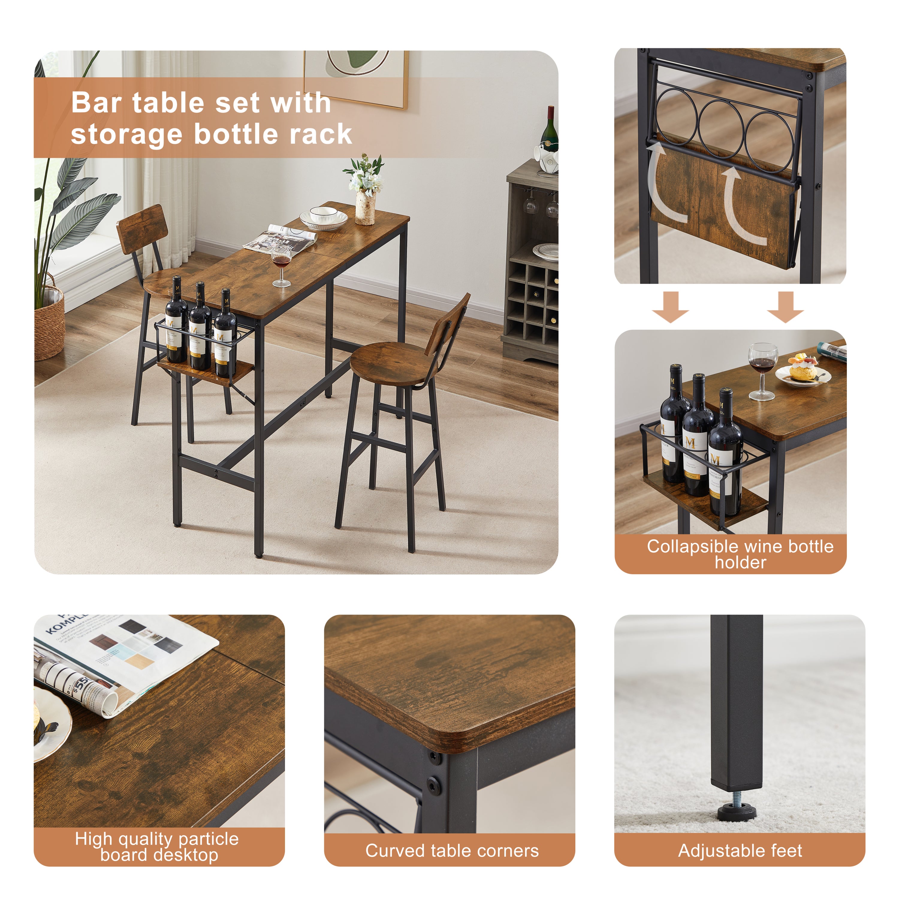 Bar Table Set with wine bottle storage rack. Rustic Brown, 47.24'' L x 15.75'' W x 35.43'' H.