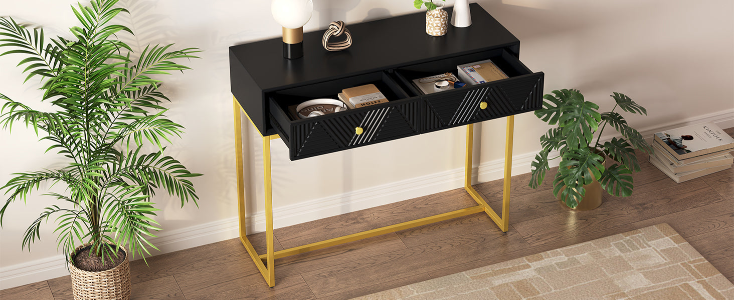 TREXM Modern Sleek Console Table Two Drawers with Stripe Design for Living Room and Entryway (Black)