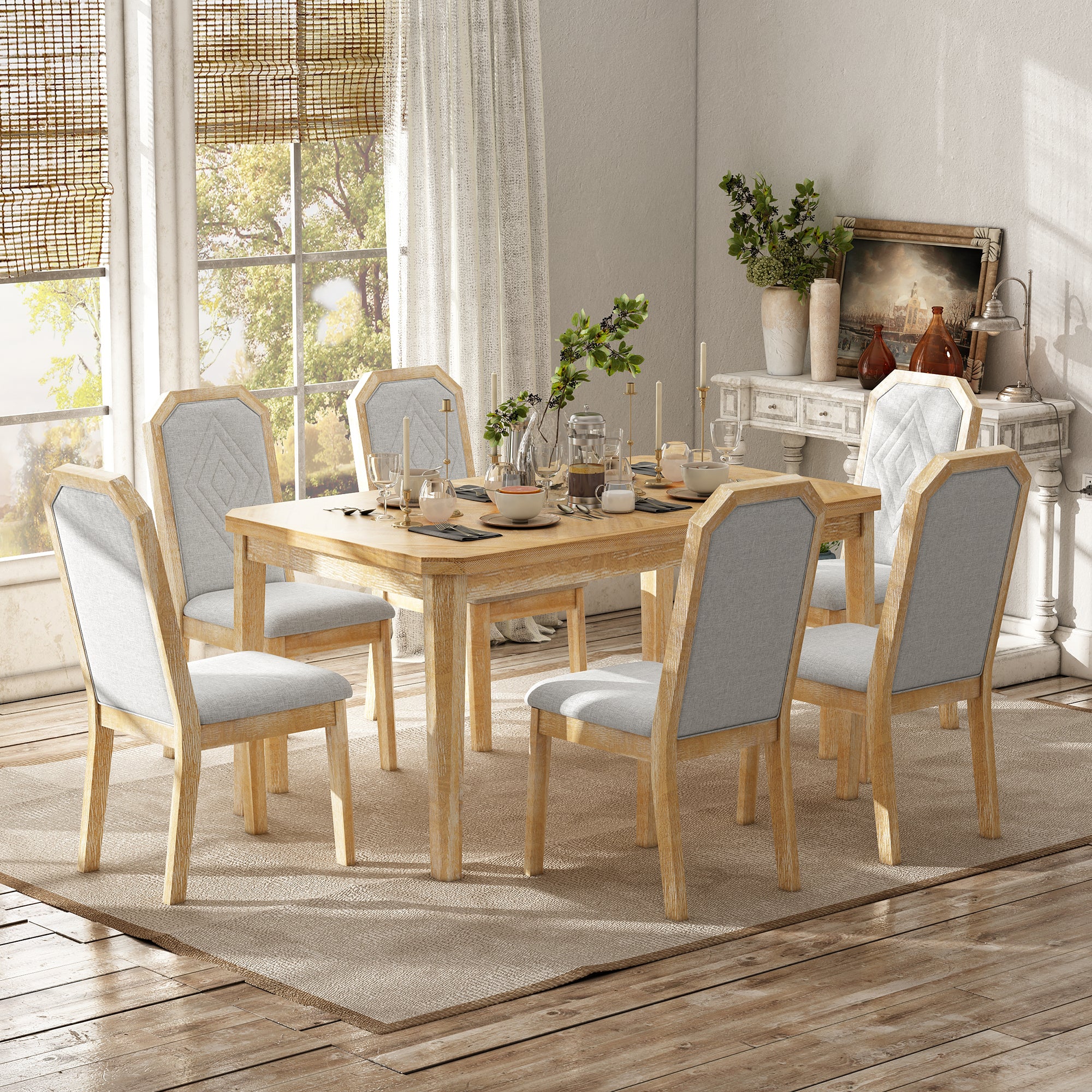 TREXM 7-Piece Farmhouse Dining Set Classic Rustic Table and 6 high-back design Chairs for Dining Room, Kitchen (Natural Wood Wash)