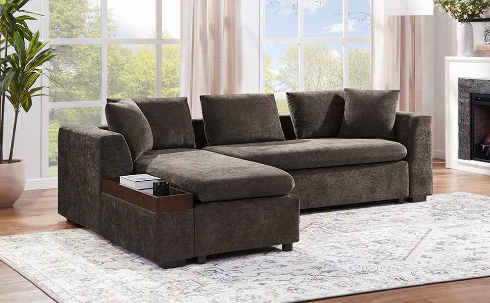 Elegant L-Shaped Sectional Sofa with Chenille Upholstery and Wooden Storage Compartment, Brown