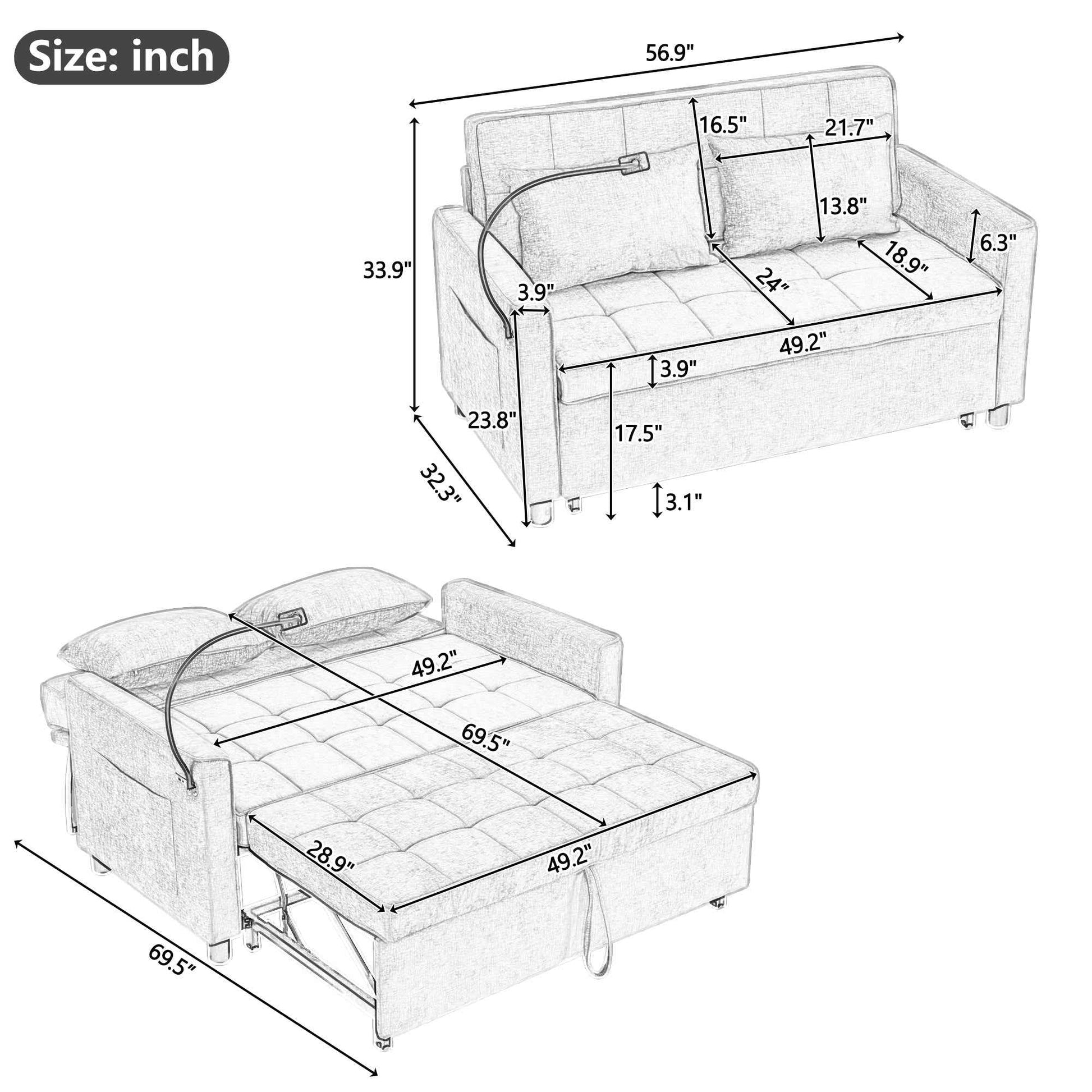 Contemporary 56.9' Loveseat Sofa Pull-out Bed with Reversible Cushion, USB Ports, Phone Holder, Side Pockets, Brown Chenille