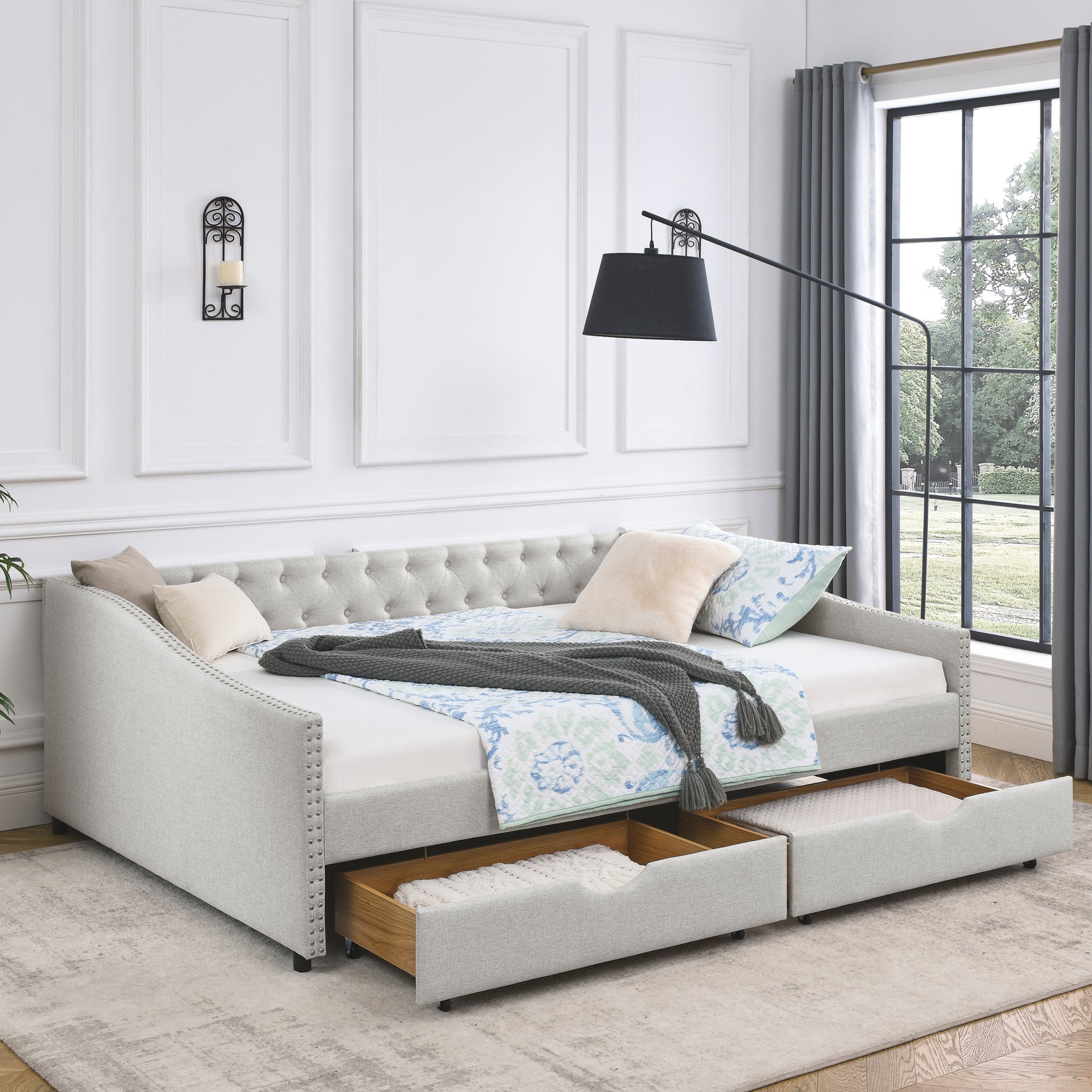 Queen Size Daybed with Drawers Upholstered Tufted Sofa Bed,,with Button on Back and Copper Nail on Waved Shape Arms, Beige (84.5'x63.5'x26.5') - Abrihome