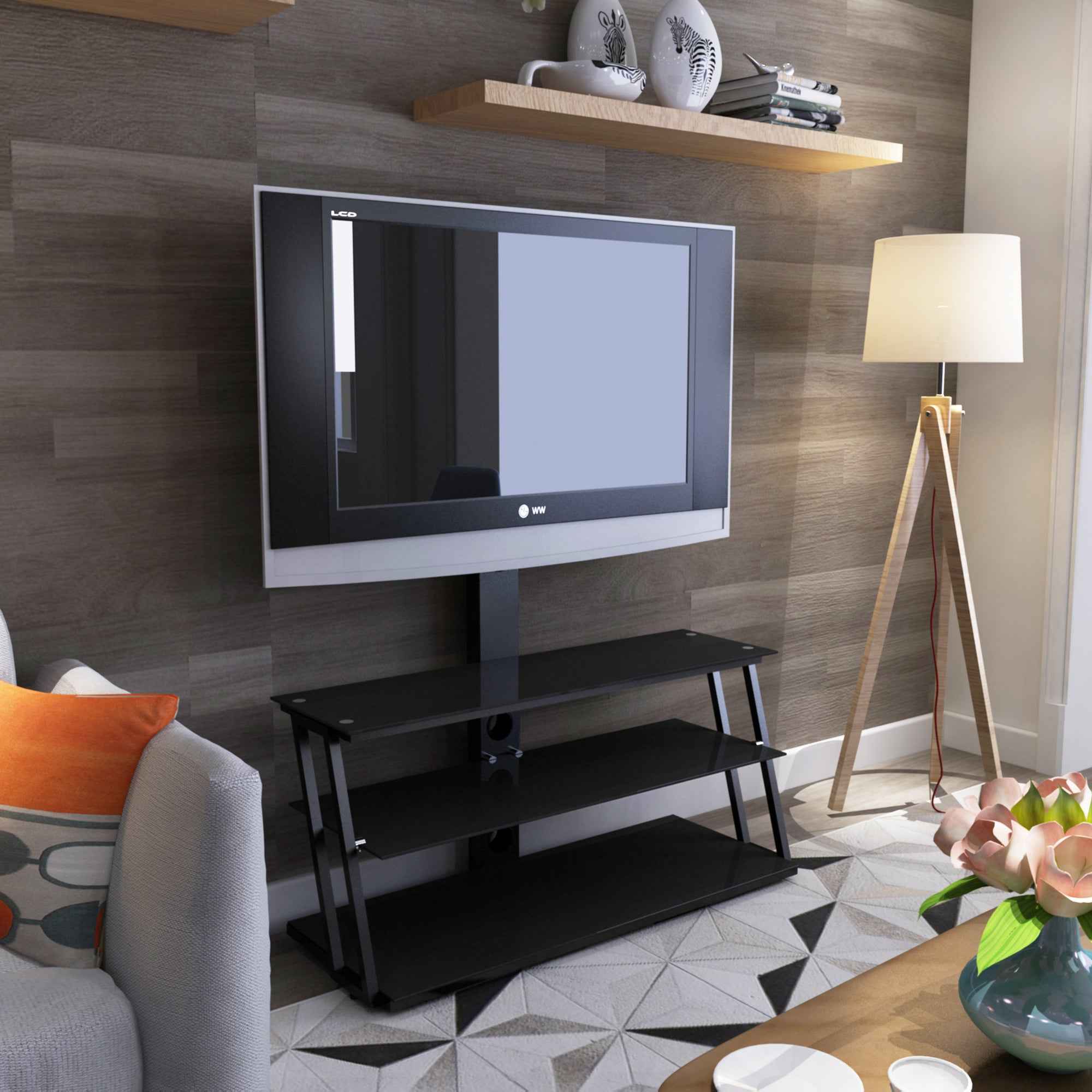 Multi-Function Adjustable TV Stand Black Tempered Glass