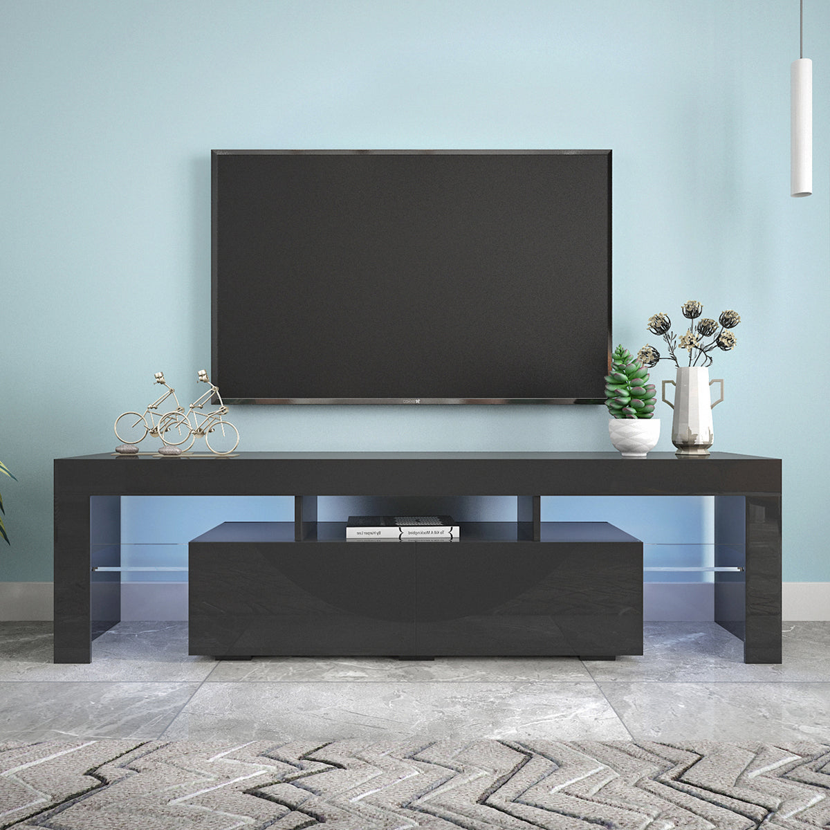 Modern Black TV Stand, 20 Colors LED TV Stand w/Remote Control Lights