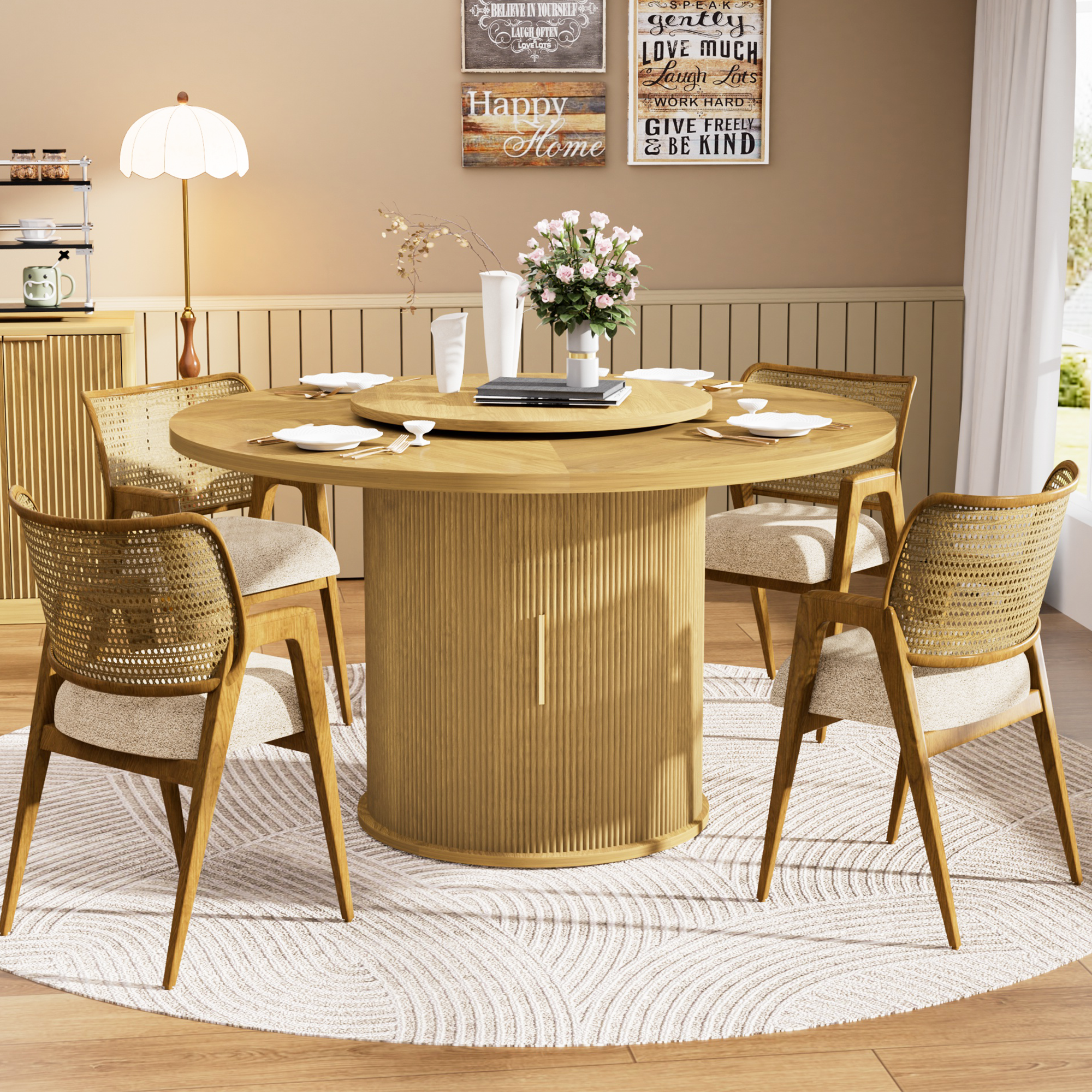 55-inch round dining table for six, featuring a double-tiered storage rack and a rotating tabletop tray. Wooden wavy-striped sliding doors. Ideal for home dining room living room (Natural).