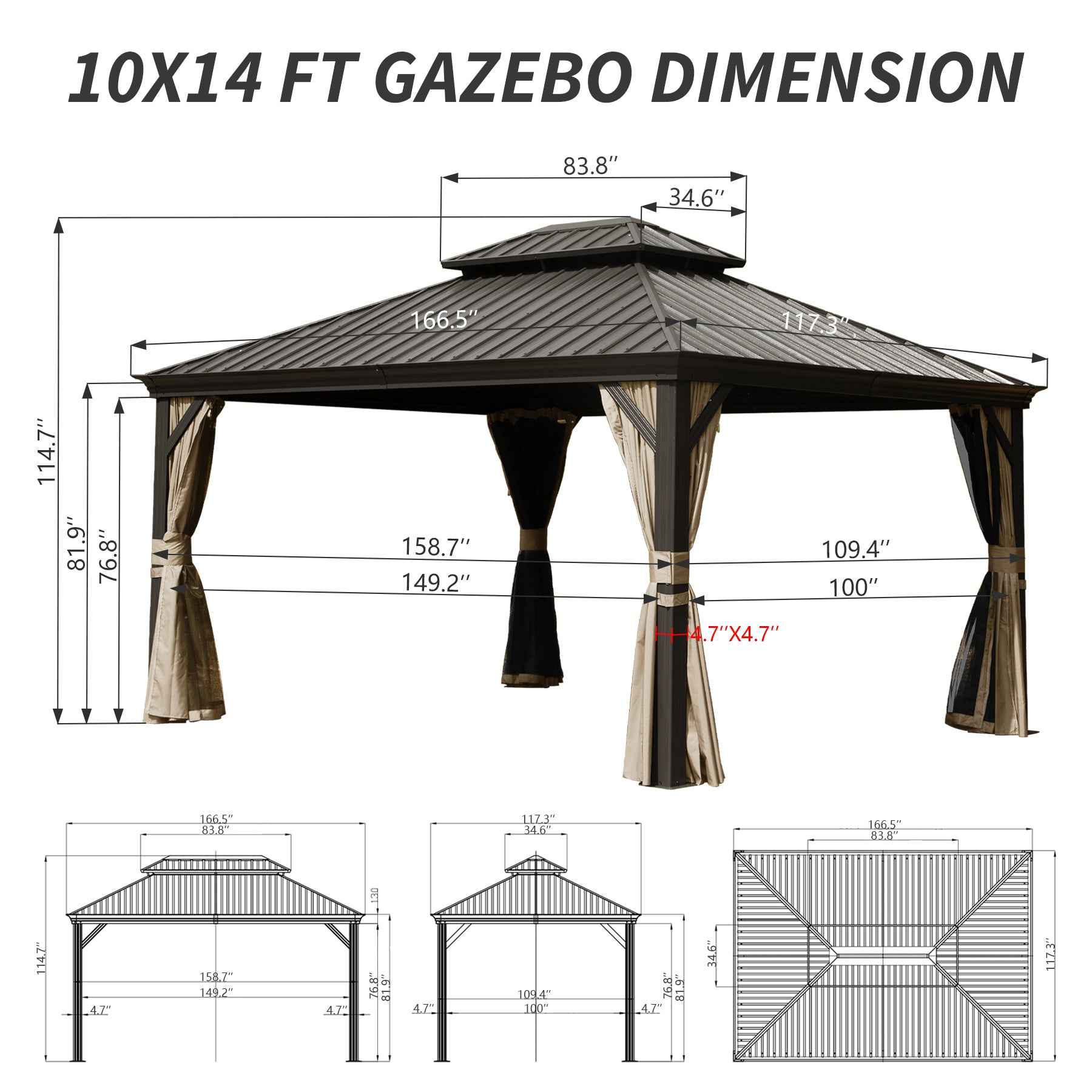 10' X 14' Hardtop Gazebo Permanent Outdoor Gazebo with Galvanized Steel Double Roof, Aluminum Frame, Curtains and Netting for Patio Lawn and Garden, Brown
