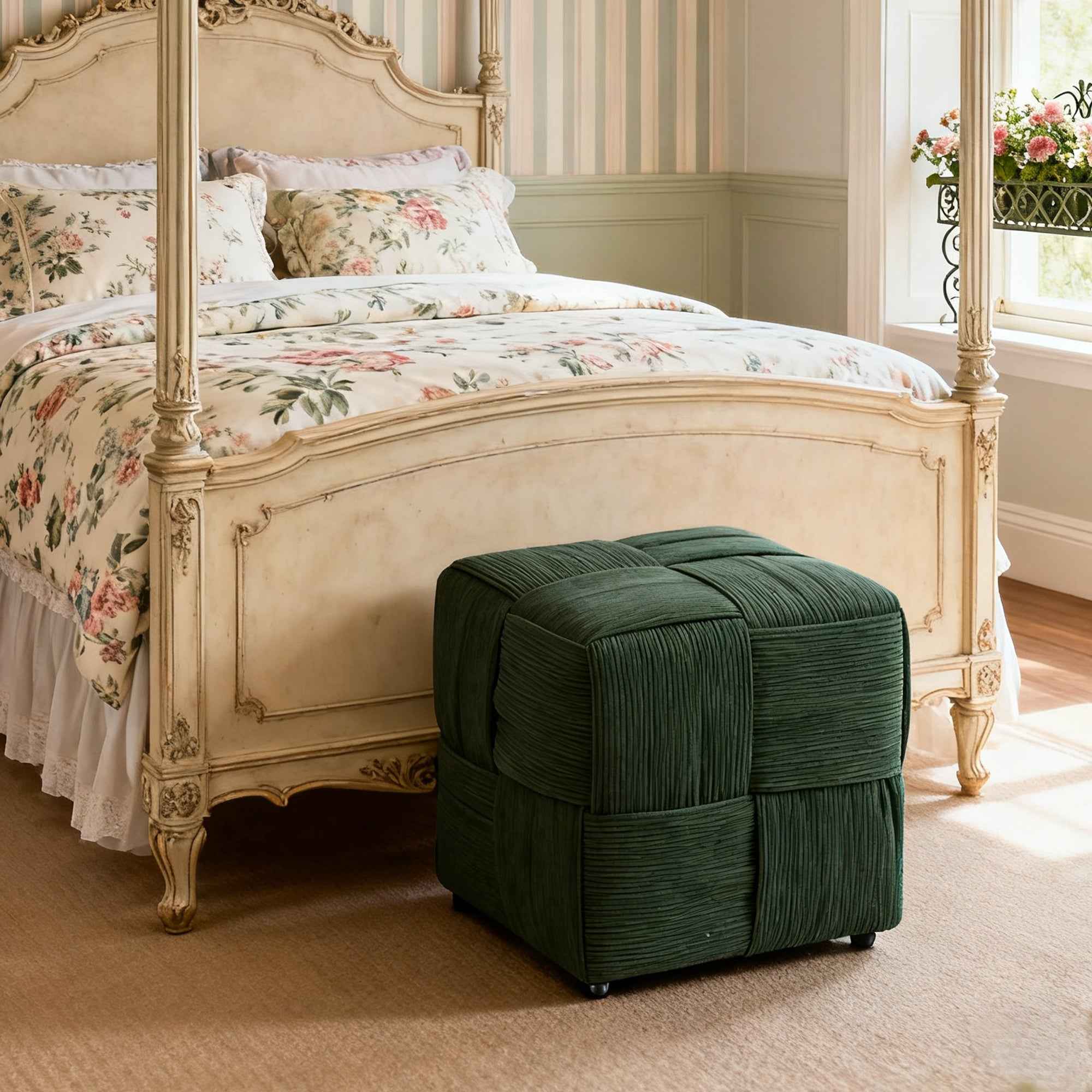 Ottoman Foot Rest Soft and Comfortable Ottoman Square Corduroy Woven Design Sofa Stool (Green)