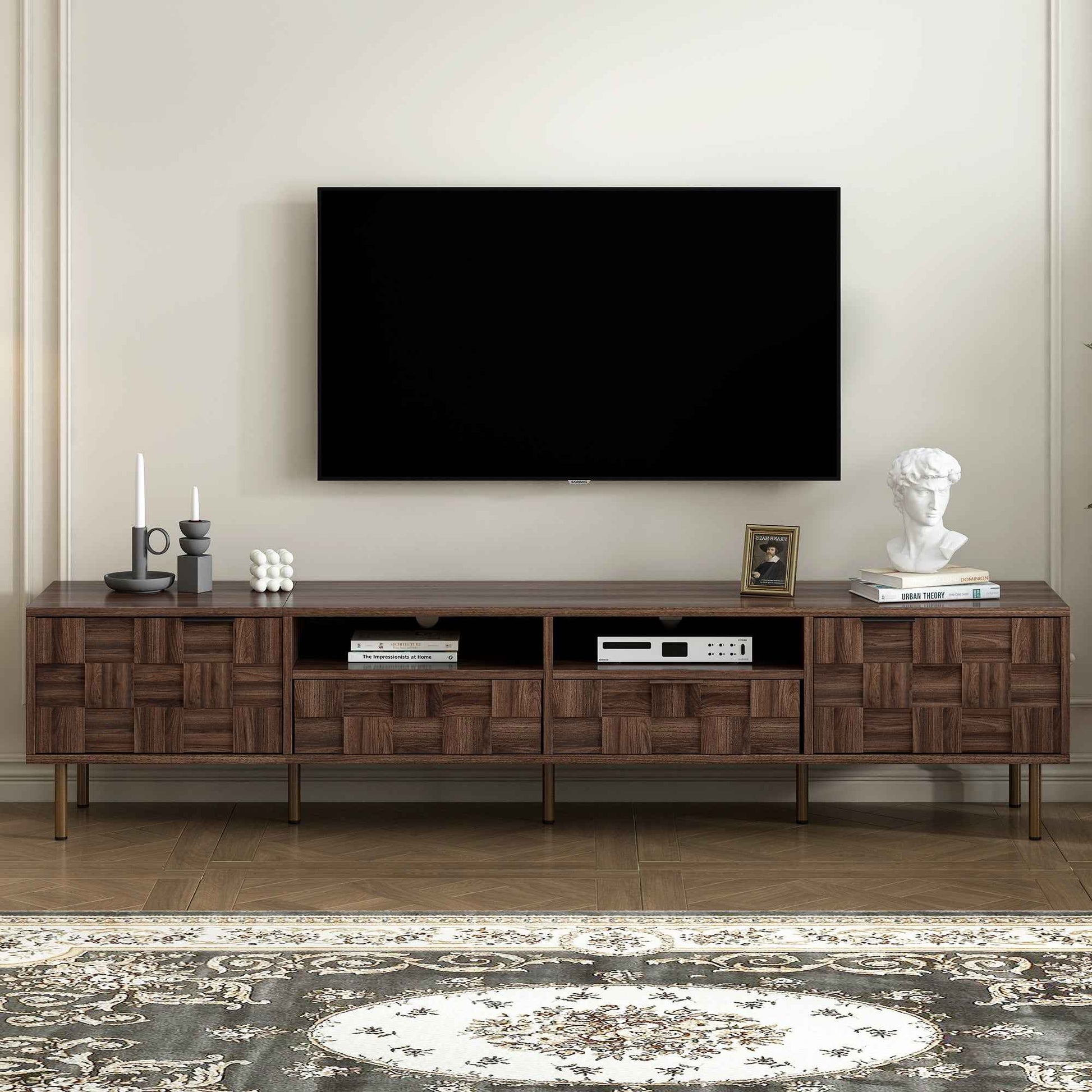 Mid Century TV Stand with 2 Drawers in Dark Brown, Media Console Table for TVs up to 85'', Made of Particle Board and MDF, 78.7'' x 15.7'' x 17.7''
