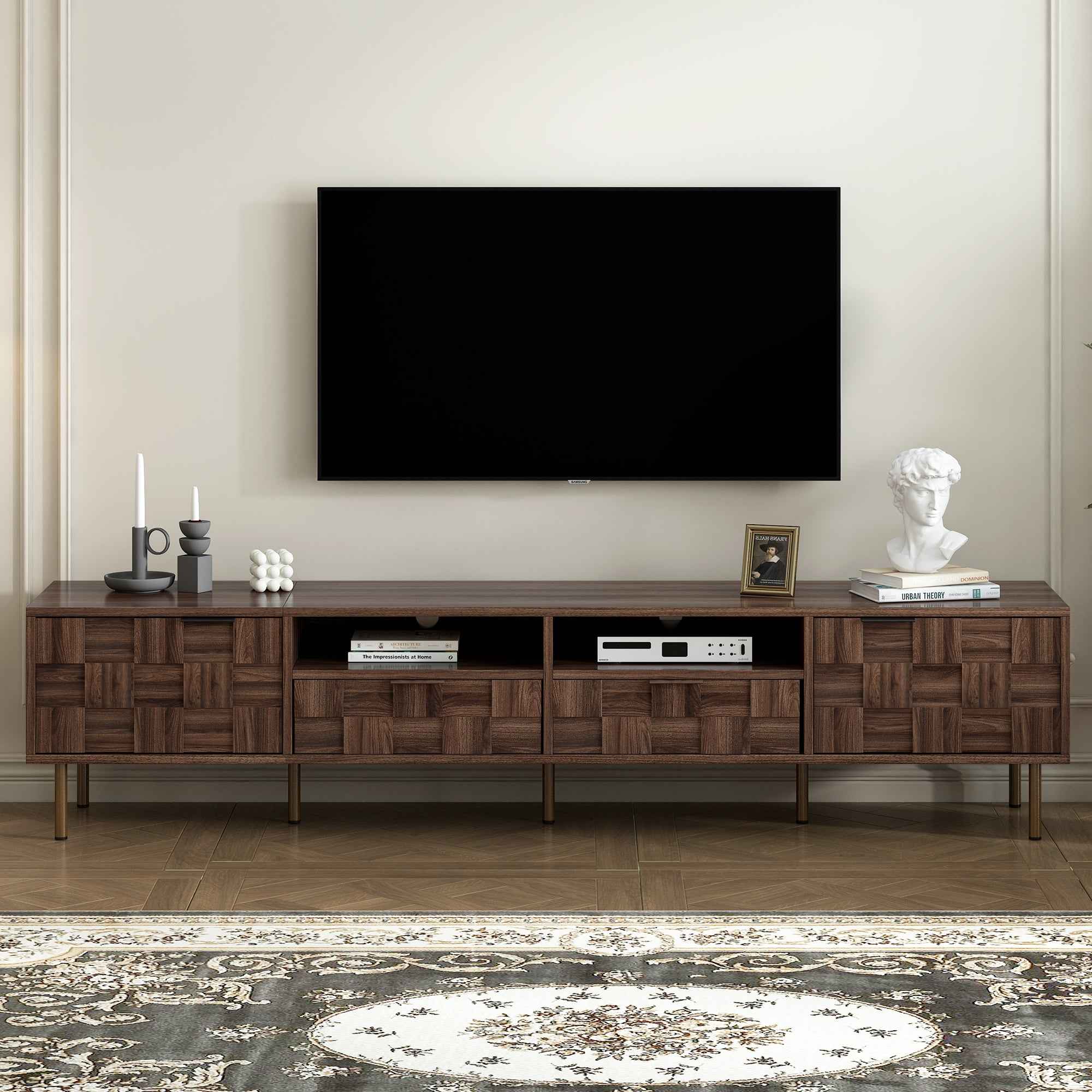 Mid Century TV Stand with 2 Drawers in Dark Brown, Media Console Table for TVs up to 85'', Made of Particle Board and MDF, 78.7'' x 15.7'' x 17.7''