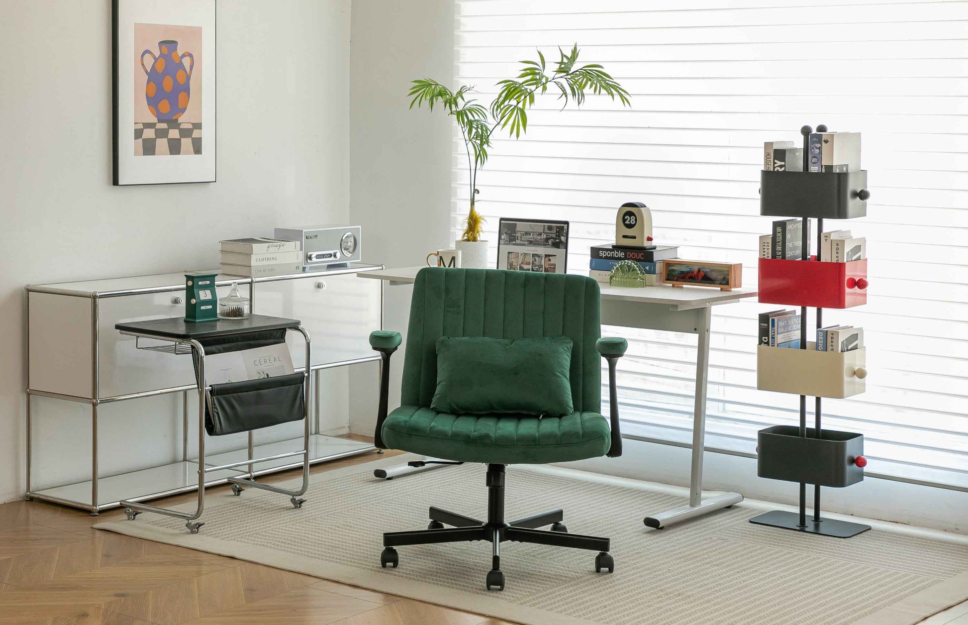 Green Velvet Criss Cross Armrest Office Chair with Wheels - Modern for Home Office, Meditation & Creative Work