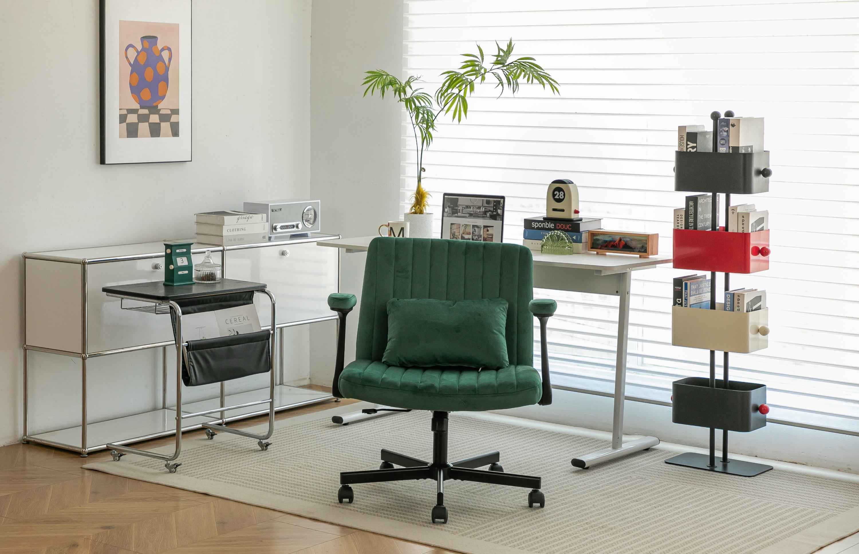 Green Velvet Criss Cross Armrest Office Chair with Wheels - Modern for Home Office, Meditation & Creative Work