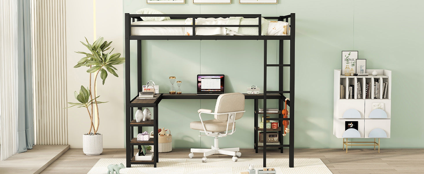 Full Metal Loft Bed with Desk and Shelves, Loft Bed with Ladder and Guardrails, Loft Bed Frame for Bedroom, Black (Old SKU: W1307S00018)