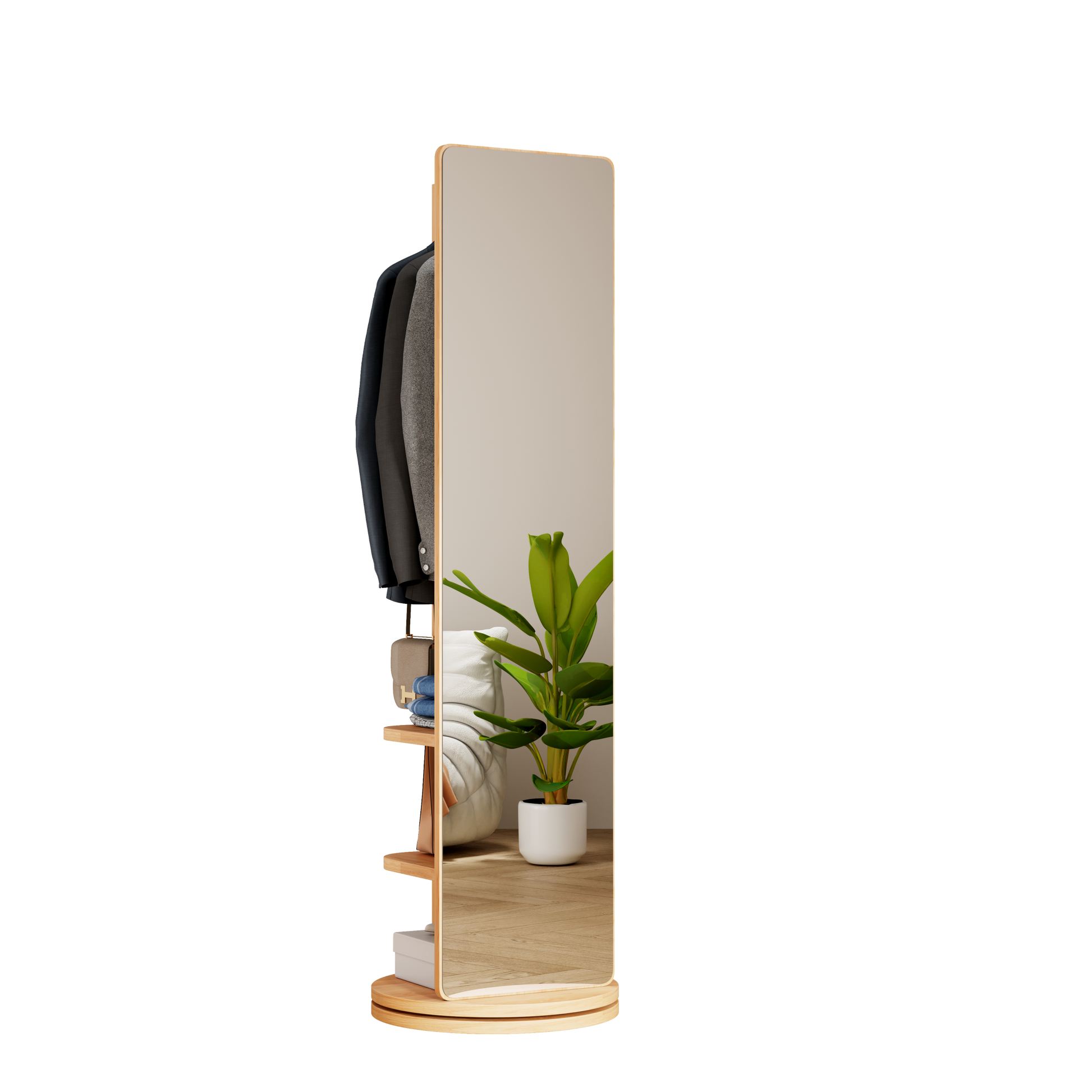 360° Rotating 69'x20' Multifunctional Full Length Mirror with Hook Storage Rack Coat Rack with Mirror Solid Wood Floor Mirror Bedroom Living Room Cloakroom Space Saving (natural wood)