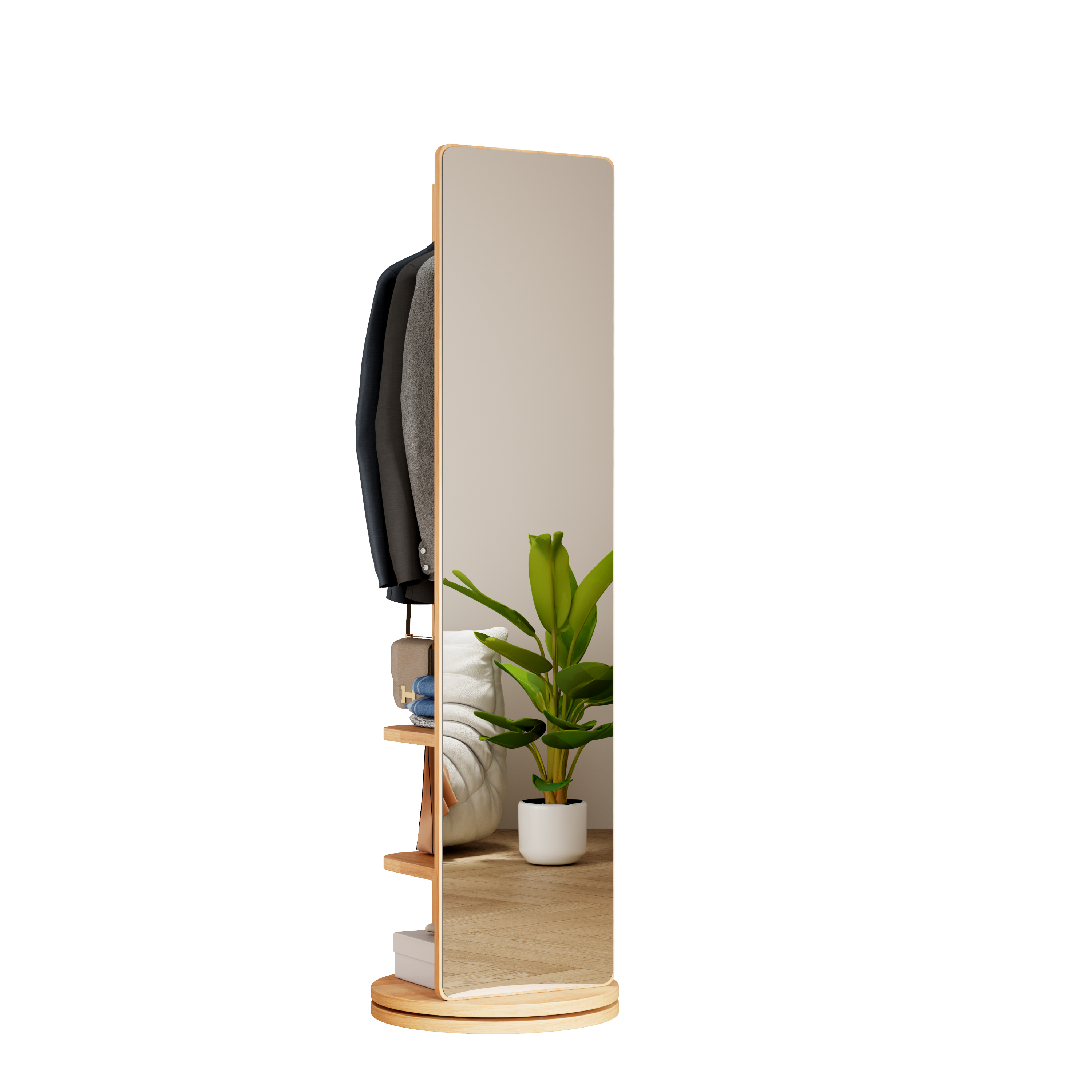 360° Rotating 69'x20' Multifunctional Full Length Mirror with Hook Storage Rack Coat Rack with Mirror Solid Wood Floor Mirror Bedroom Living Room Cloakroom Space Saving (natural wood)