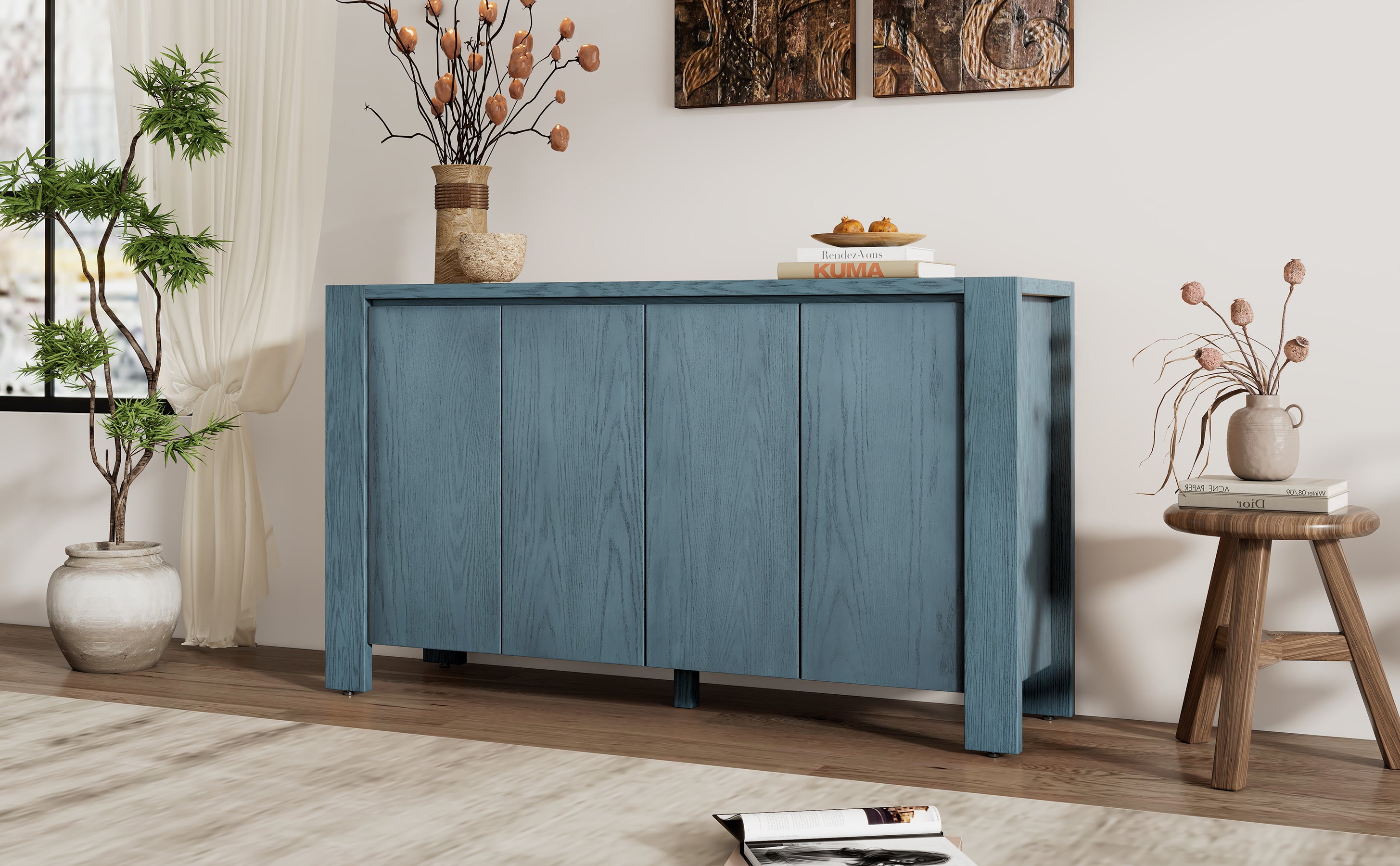 TREXM Retro 4-door Sideboard with Distressed Finish and Adjustable Shelves for Dining Room, Kitchen, and Living Room (Navy)