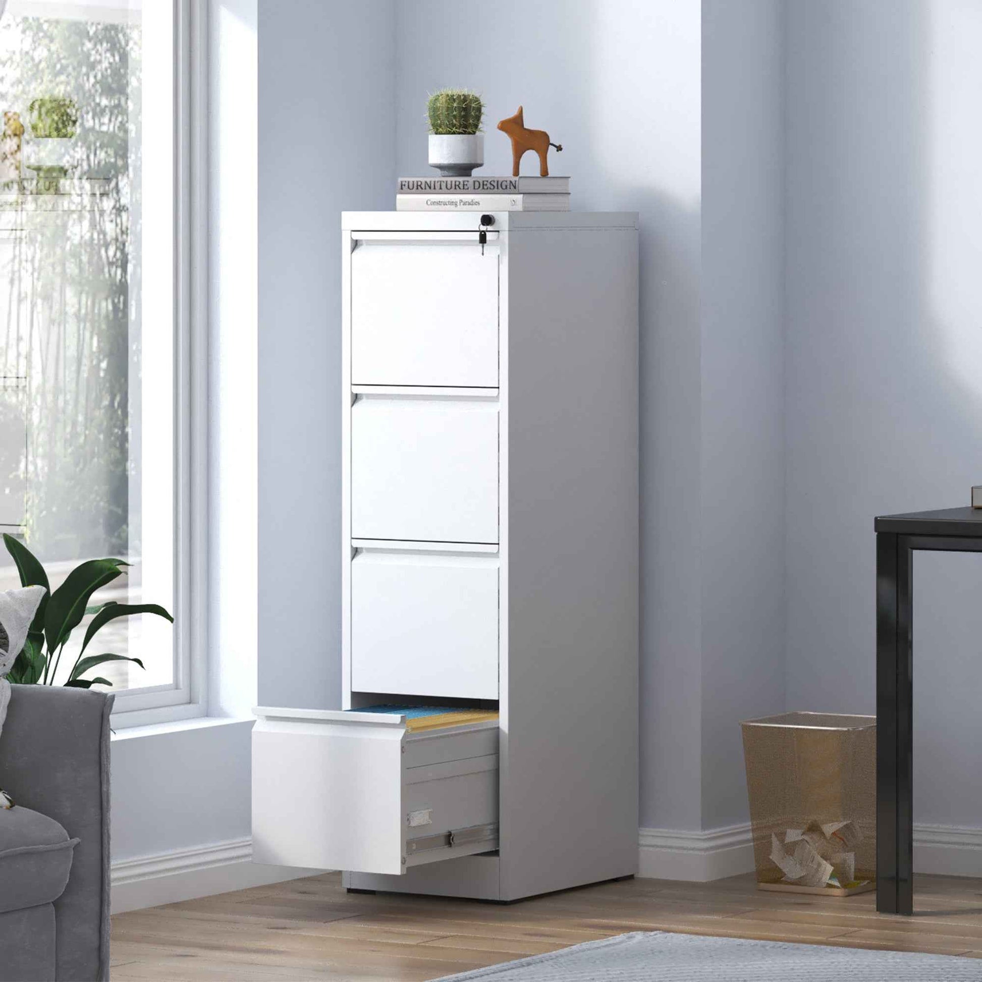 SteelCraft Pro 4 Drawer Vertical File Cabinet with Lock for A4 Legal/Letter Size, White Metal