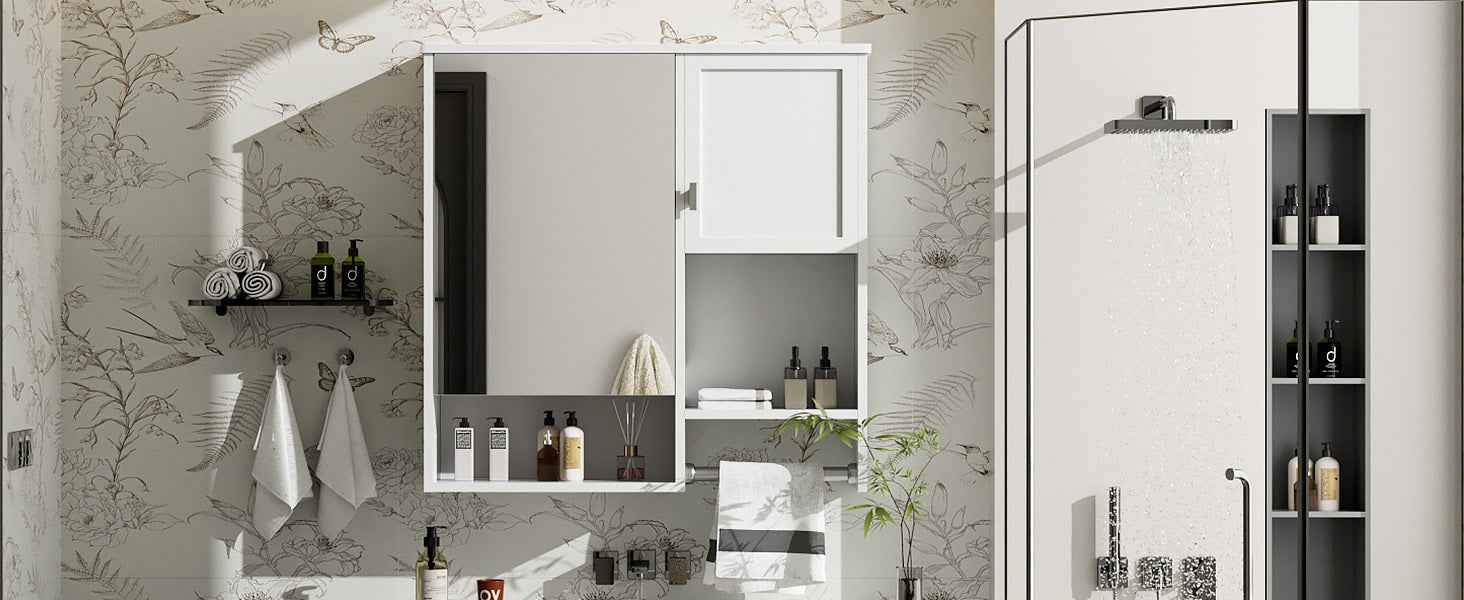29'' x 28'' Modern Wall Mounted Bathroom Medicine Cabinet, Bathroom Wall Storage Cabinet with Mirror, Over the Toilet Space Saver Cabinet with Towels Bar