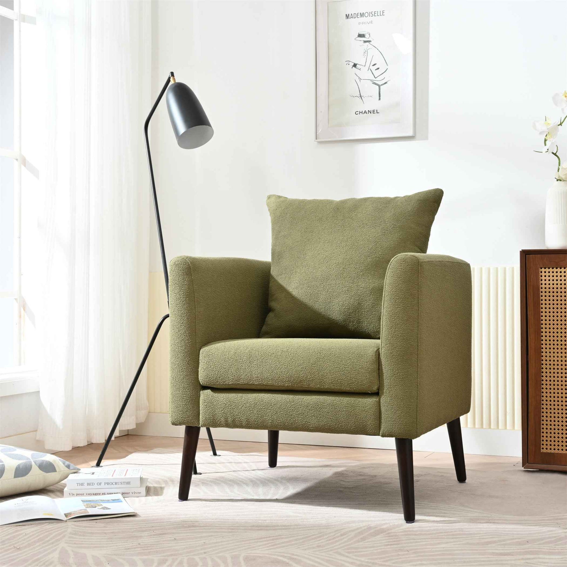 Modern Fabric Accent Chair, Upholstered Armchair for Living Room, Mid Century Fabric Lounge Chair w/Pillow, Comfortable Reading Chair with Wood Legs for Living Room, Bedroom, Reception Room (Olive)