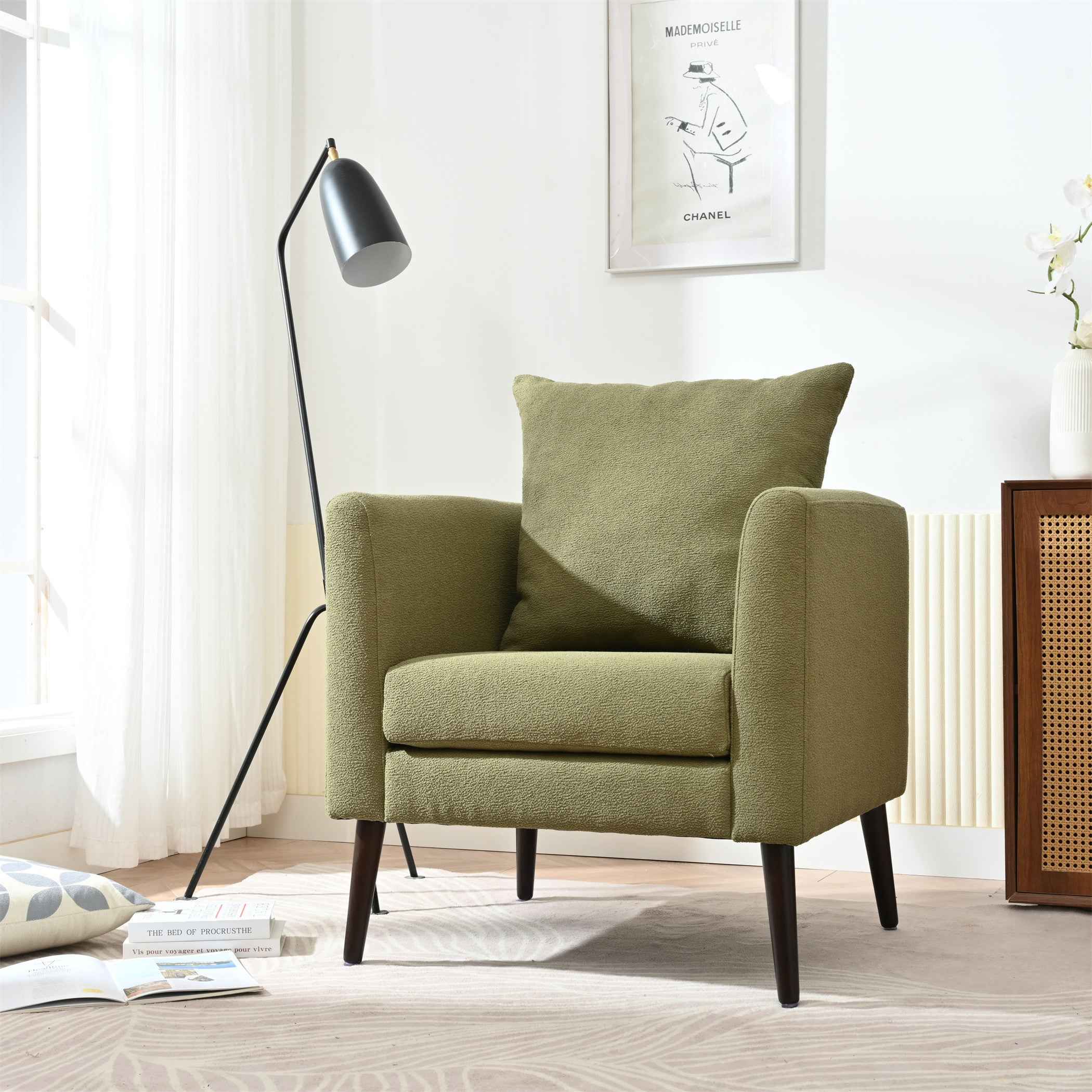 Modern Fabric Accent Chair, Upholstered Armchair for Living Room, Mid Century Fabric Lounge Chair w/Pillow, Comfortable Reading Chair with Wood Legs for Living Room, Bedroom, Reception Room (Olive)