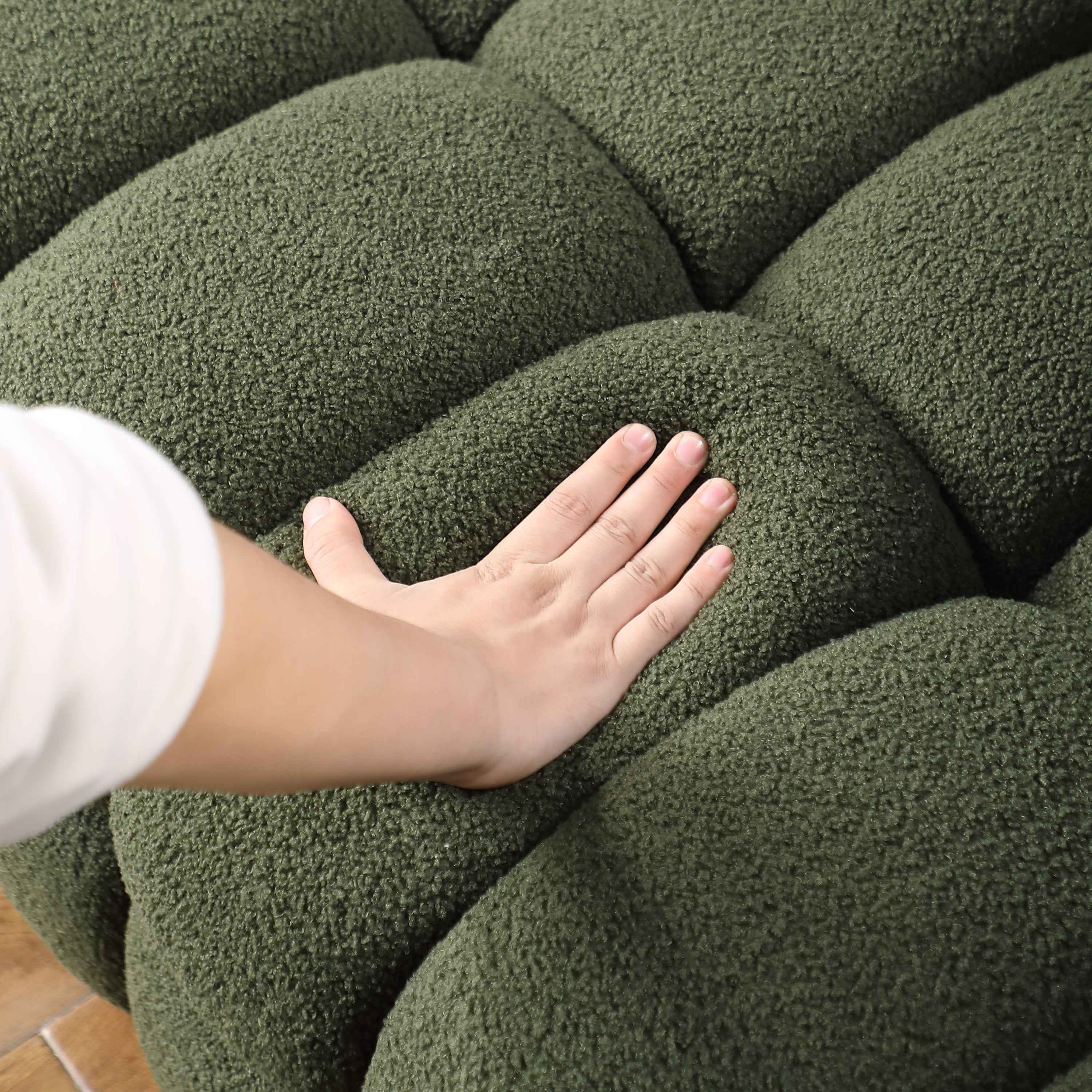 84.3 length ,35.83' deepth ,human body structure for USA people,  marshmallow sofa,boucle sofa ,3 seater, OLIVE GREEN BOUCLE