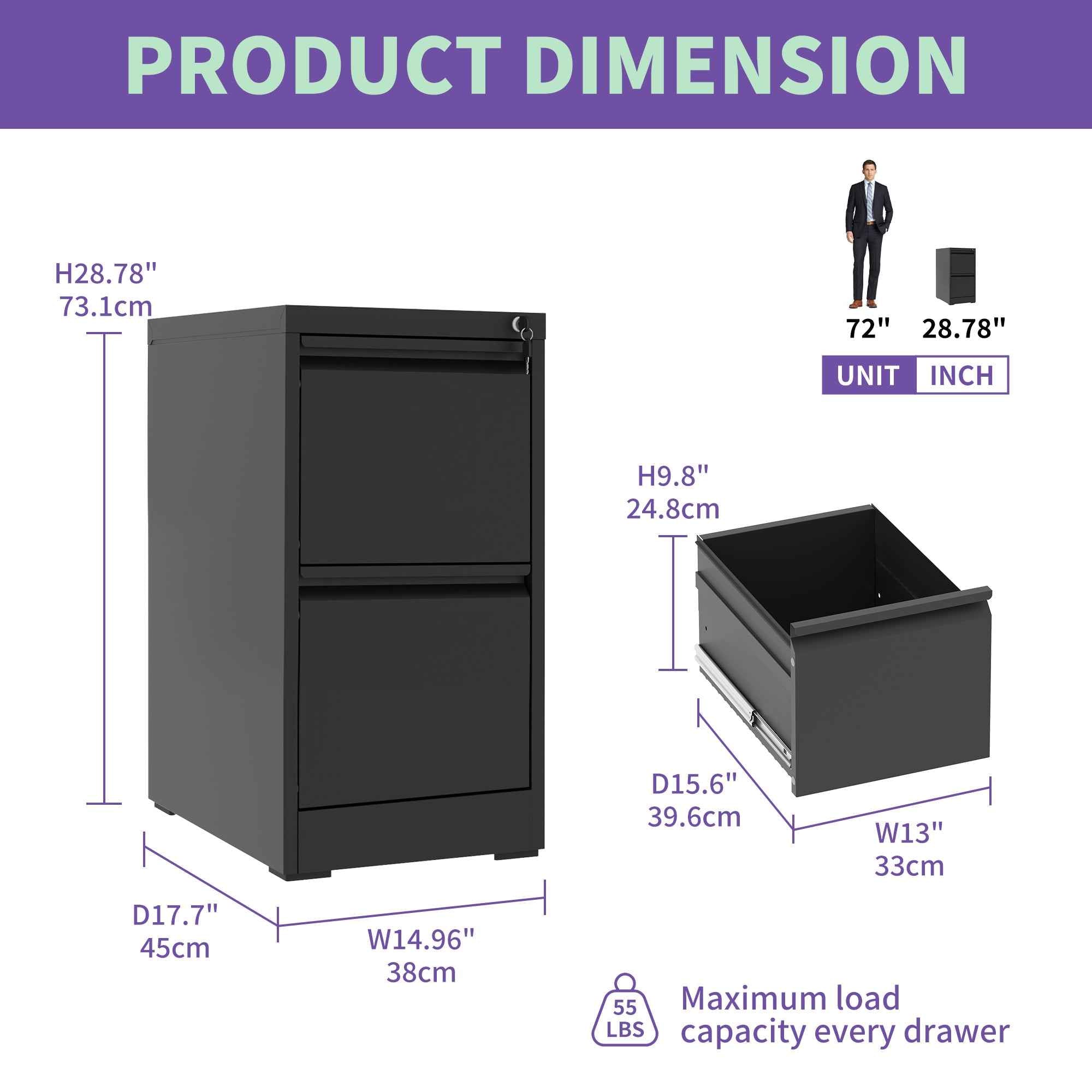 Black Steel 2 Drawer Vertical File Cabinet with Lock for A4 Legal/Letter Size