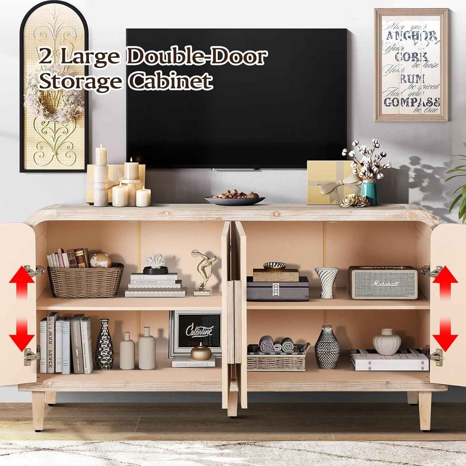 59'' Farmhouse Curved Vintage Storage Sideboard with Large Wooden Handles, Vertical Wood Grain Carving and Adjustable Shelves for Kitchen,Dining Room (Natural Wood Washed)