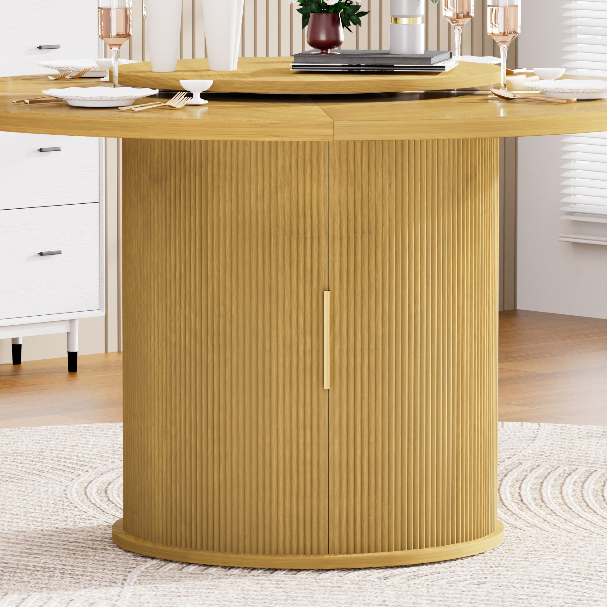 55-inch round dining table for six, featuring a double-tiered storage rack and a rotating tabletop tray. Wooden wavy-striped sliding doors. Ideal for home dining room living room (Natural).