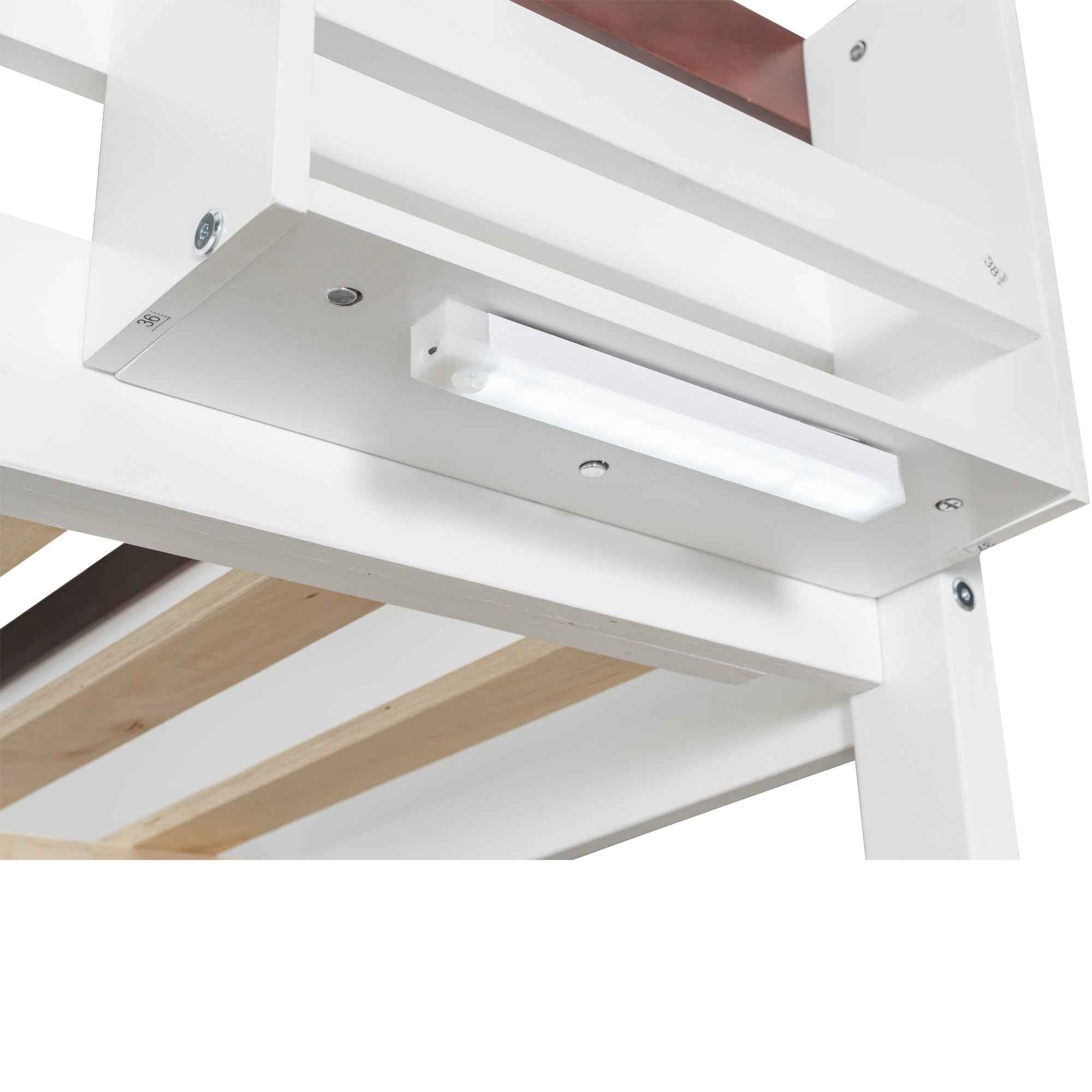 White Queen Size Wooden Bunk Bed with Built-in Shelves, Storage Box, LED Light, and USB Charging Station - Pine Wood + MDF