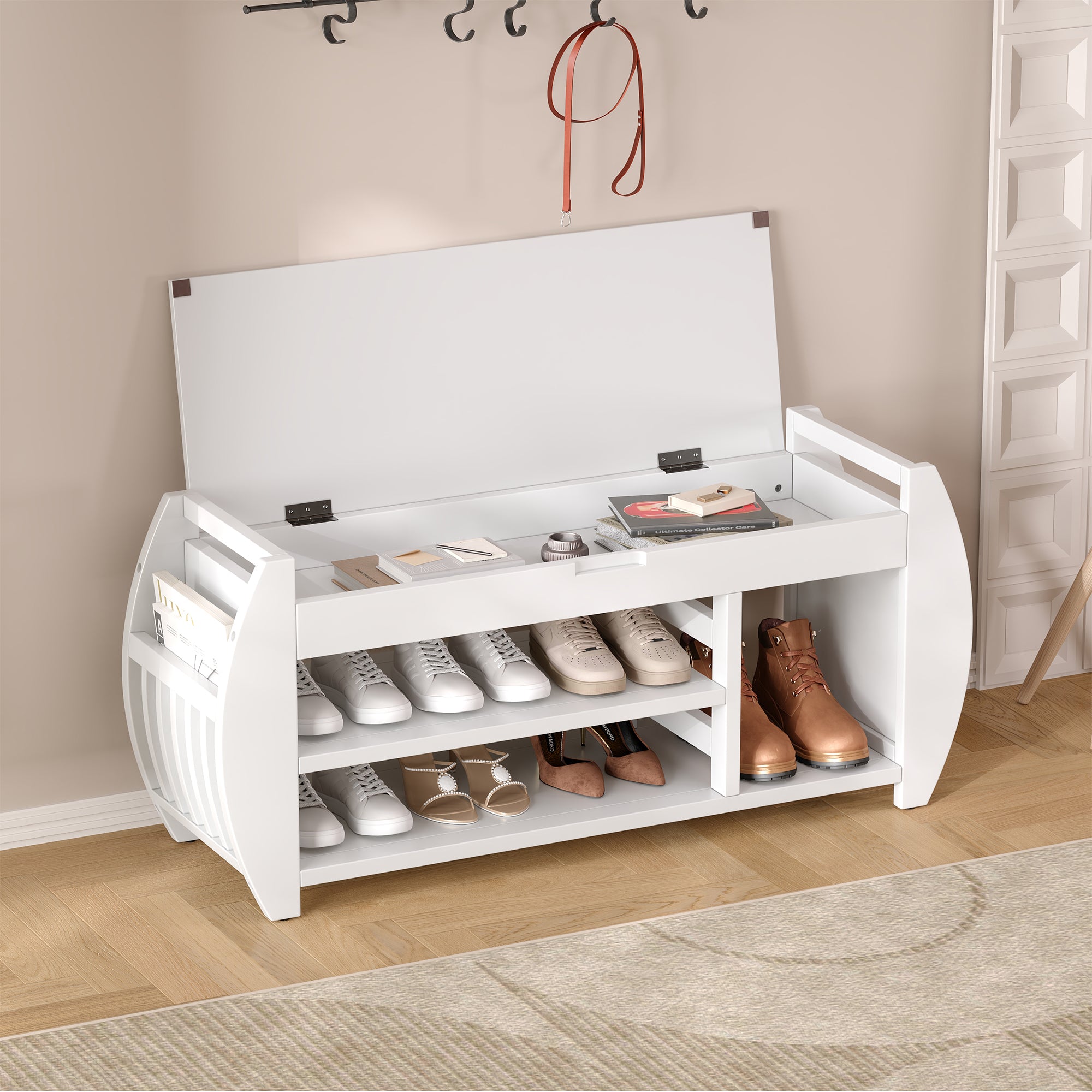 TREXM Retro Multifunctional Storage Bench with Cushion and Curved Side Panel for Entrance and Living Room (Antique White)